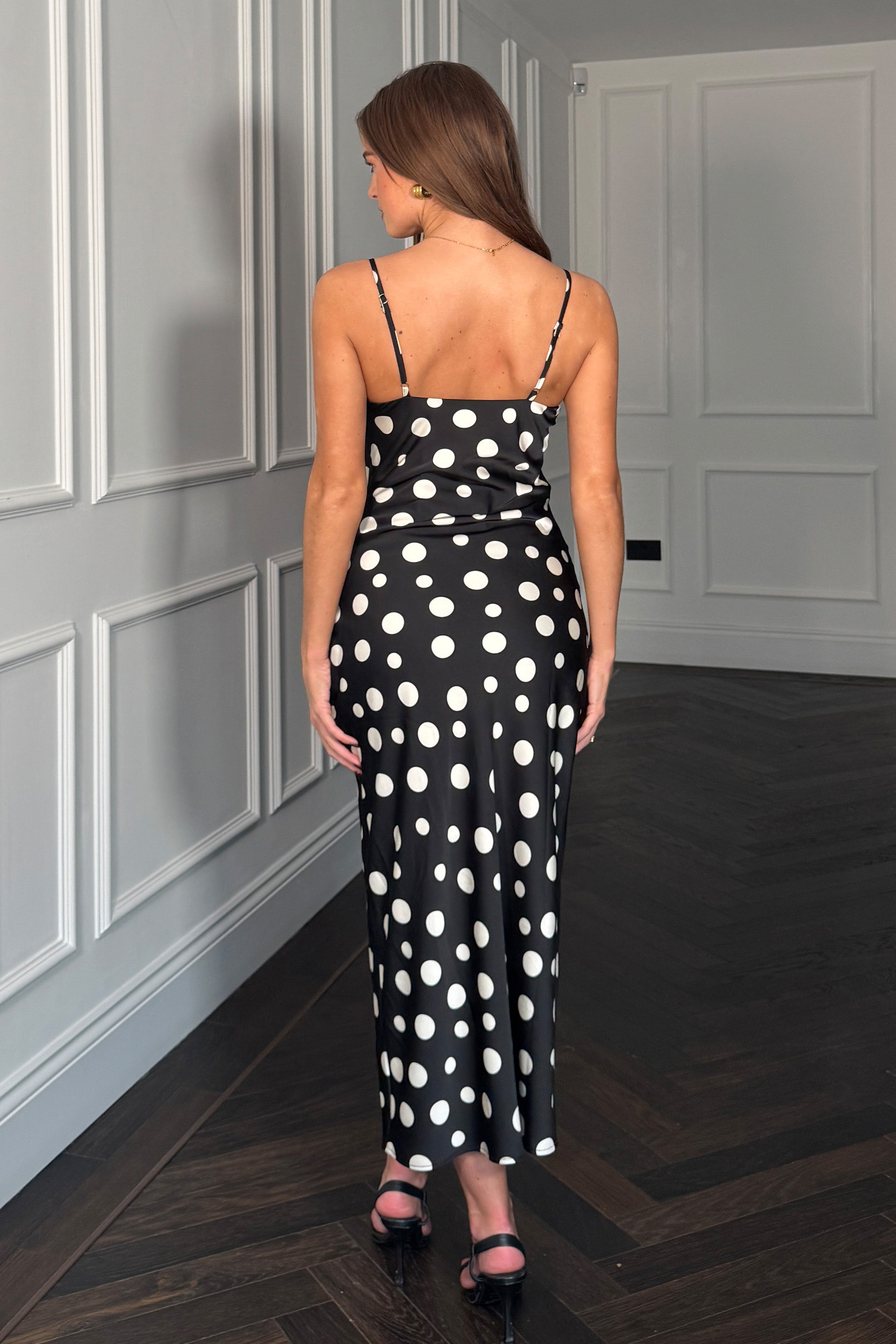 Naomi Black Polka Slip Midi Dress