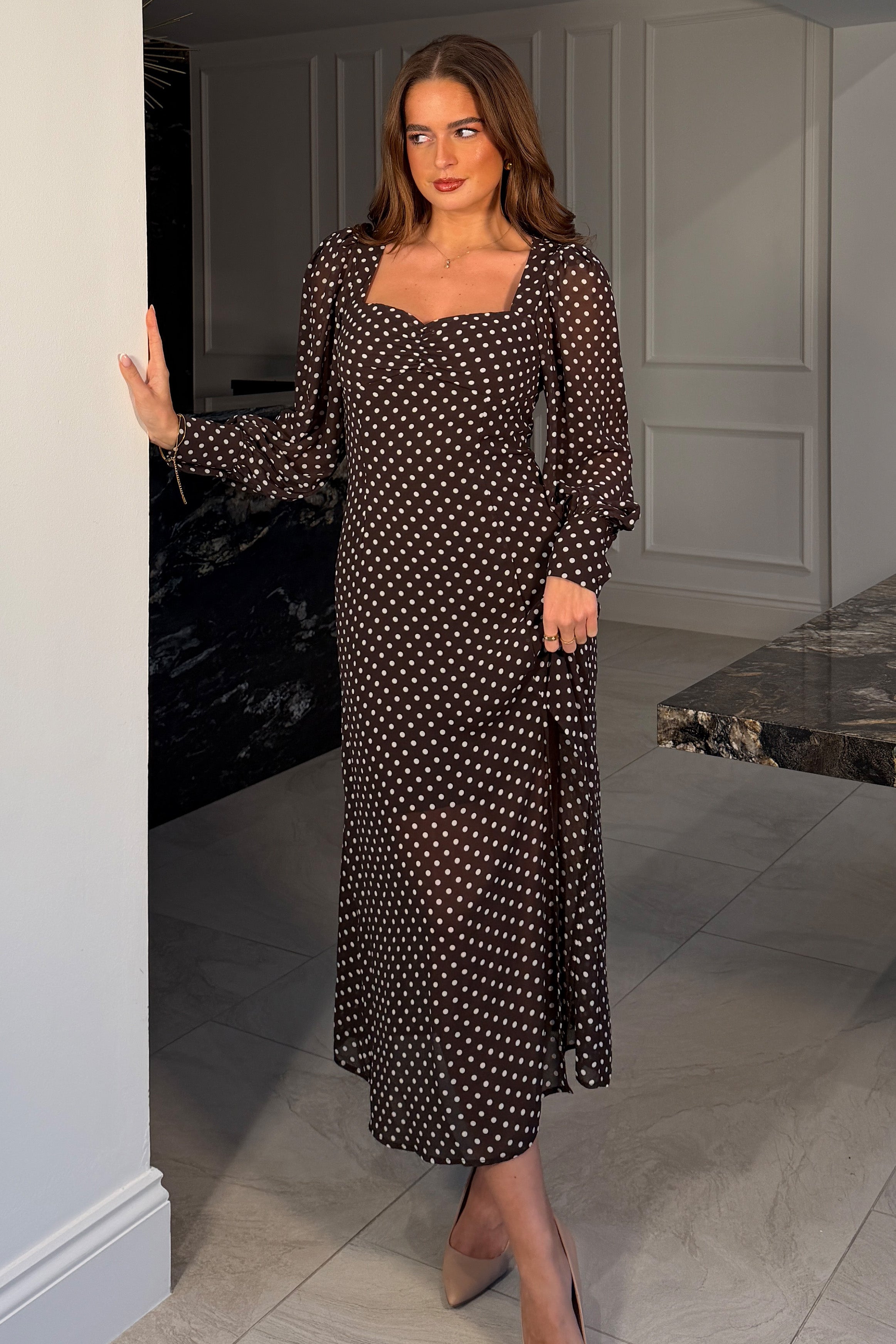 Olive Brown Polka Dot Sweetheart Long Sleeve Midi Dress
