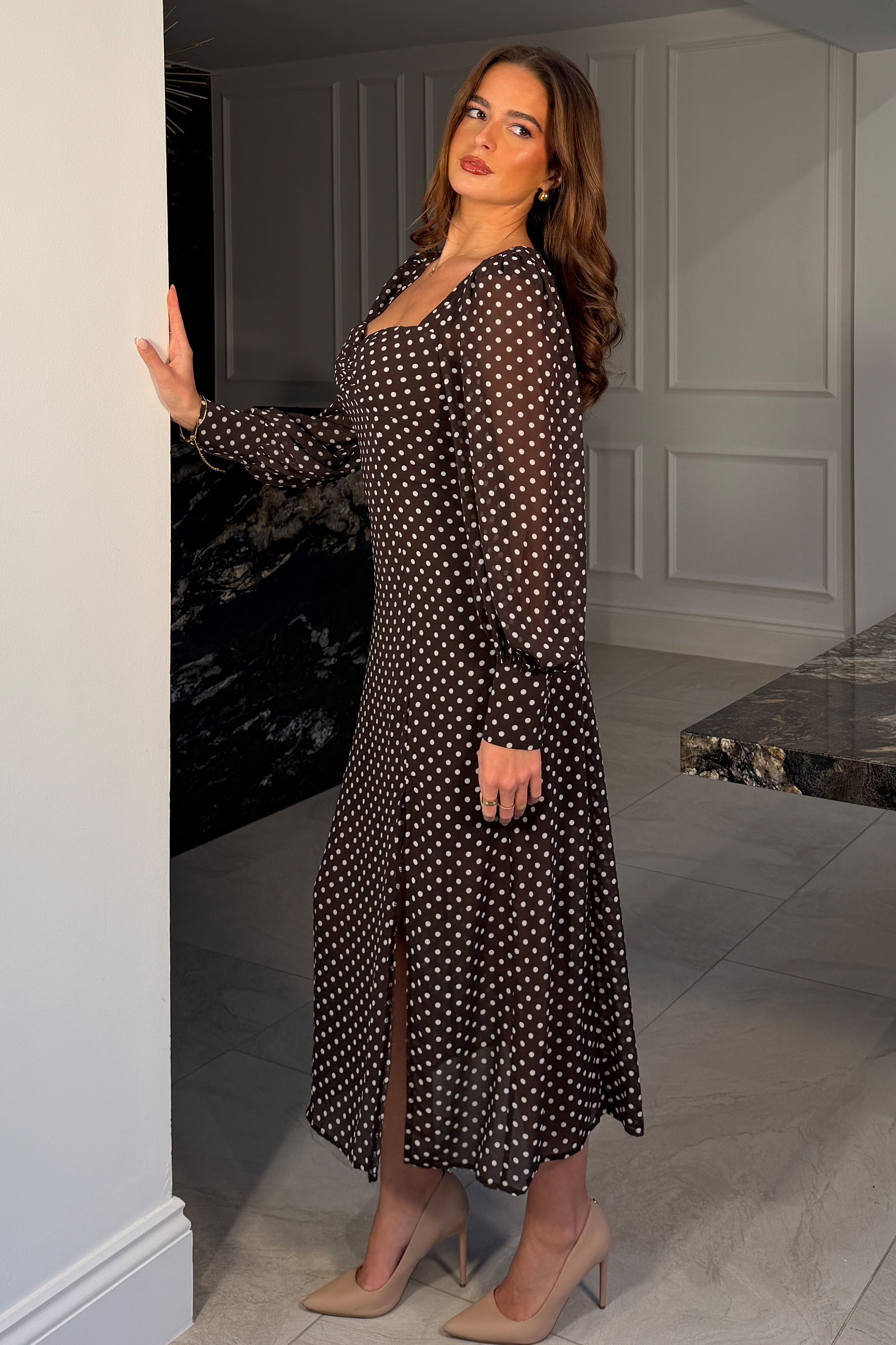 Olive Brown Polka Dot Sweetheart Long Sleeve Midi Dress