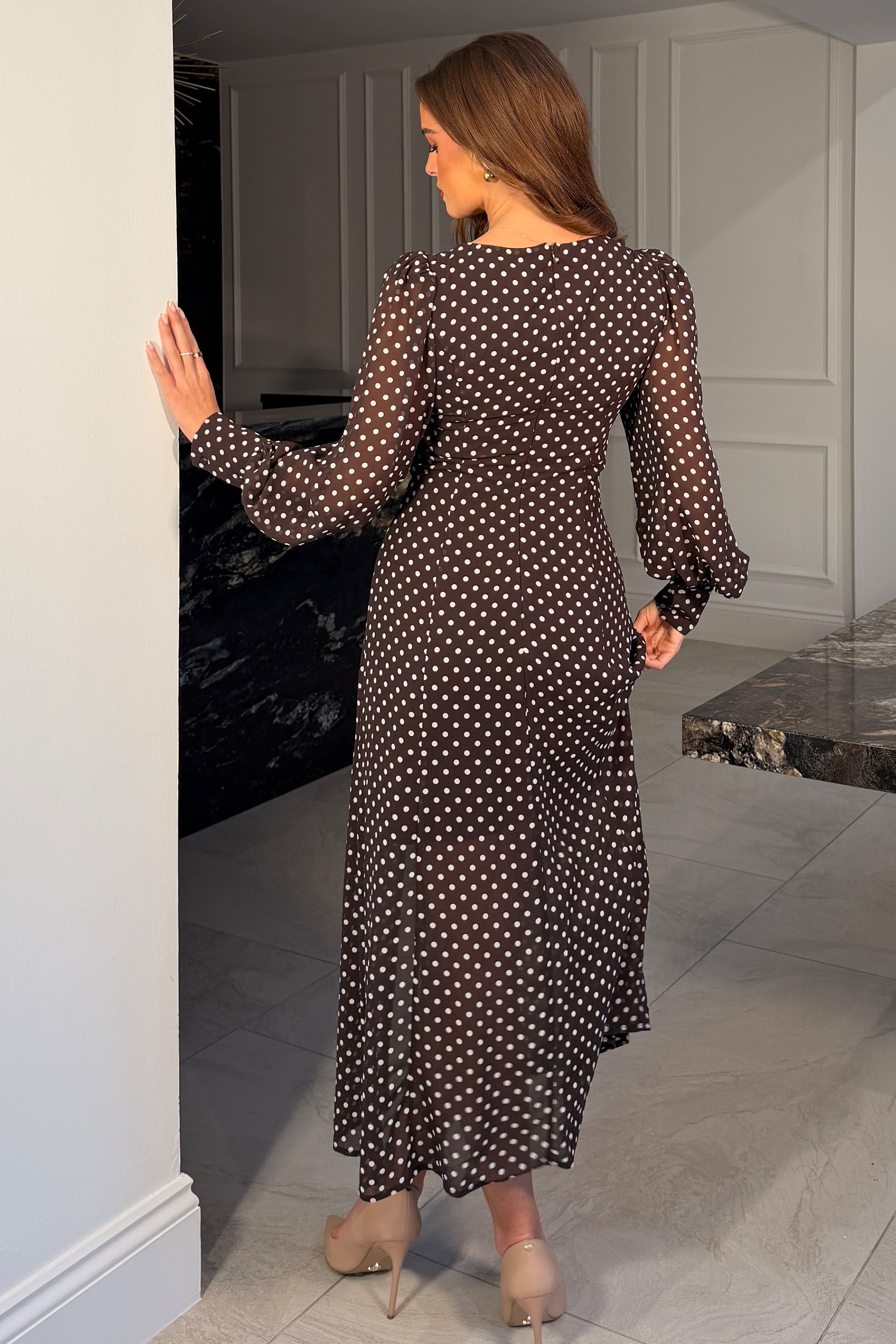 Olive Brown Polka Dot Sweetheart Long Sleeve Midi Dress