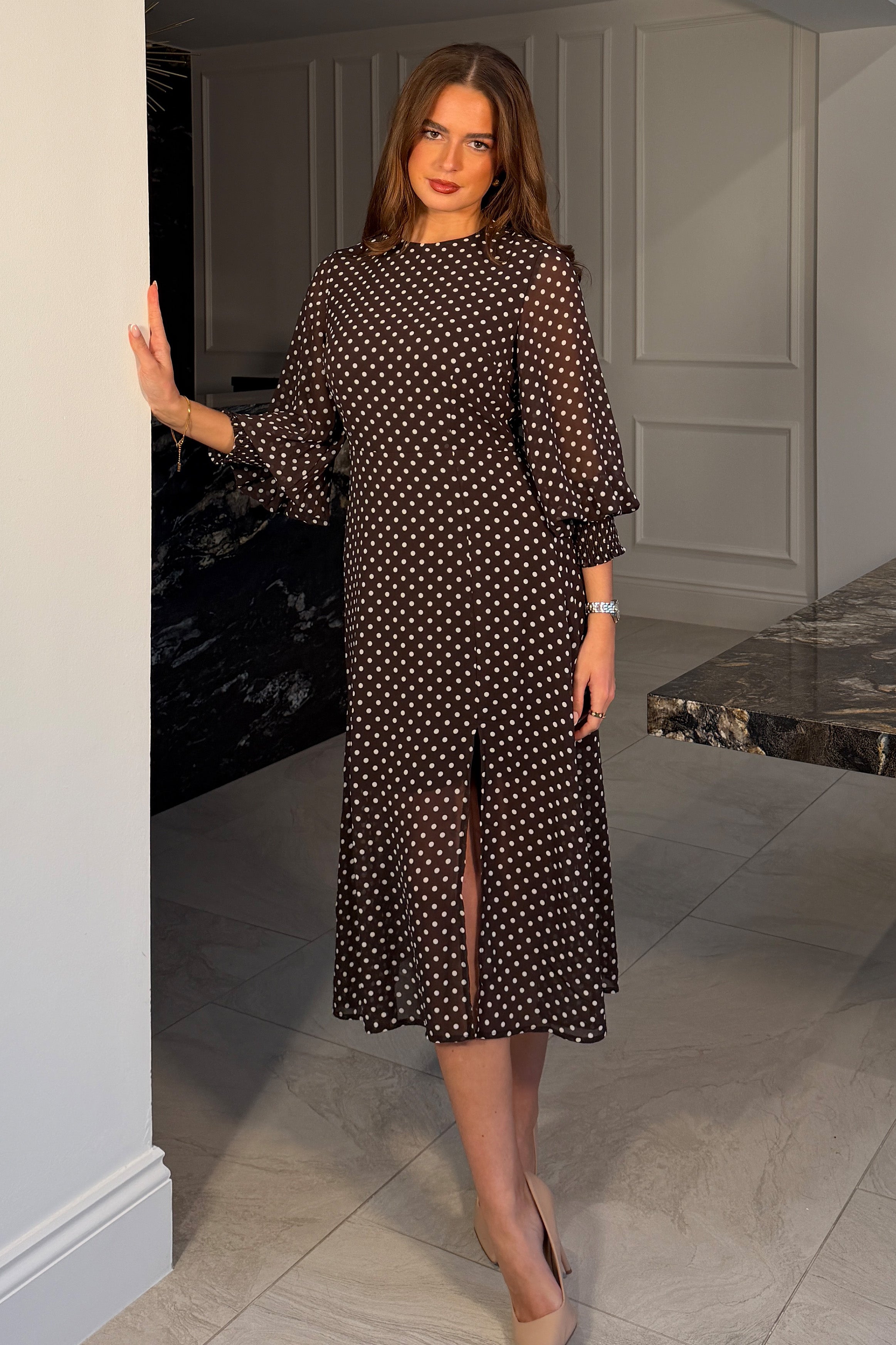 Oraya Shirred Sleeve Brown Spot Midi Dress