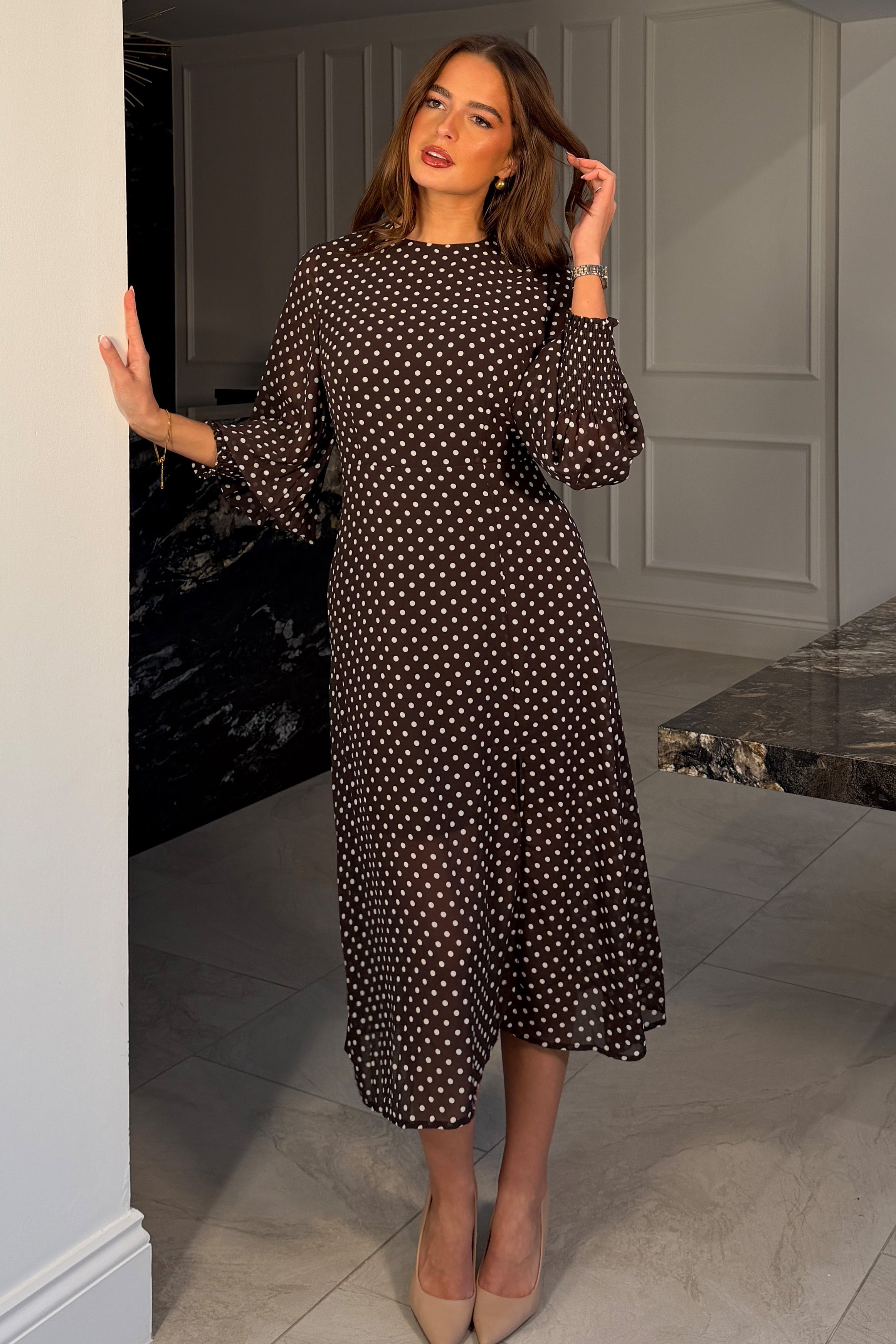 Oraya Shirred Sleeve Brown Spot Midi Dress