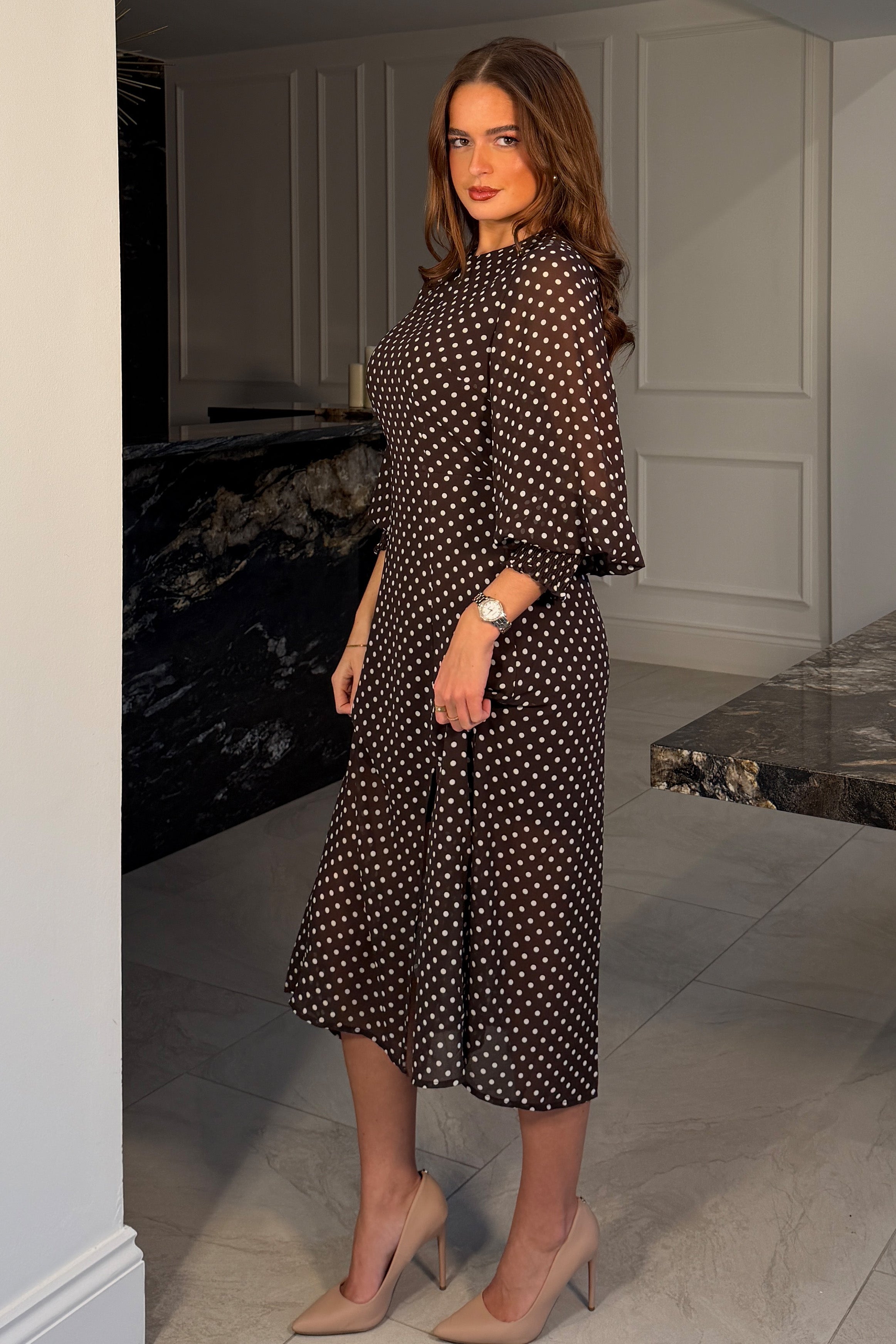 Oraya Shirred Sleeve Brown Spot Midi Dress