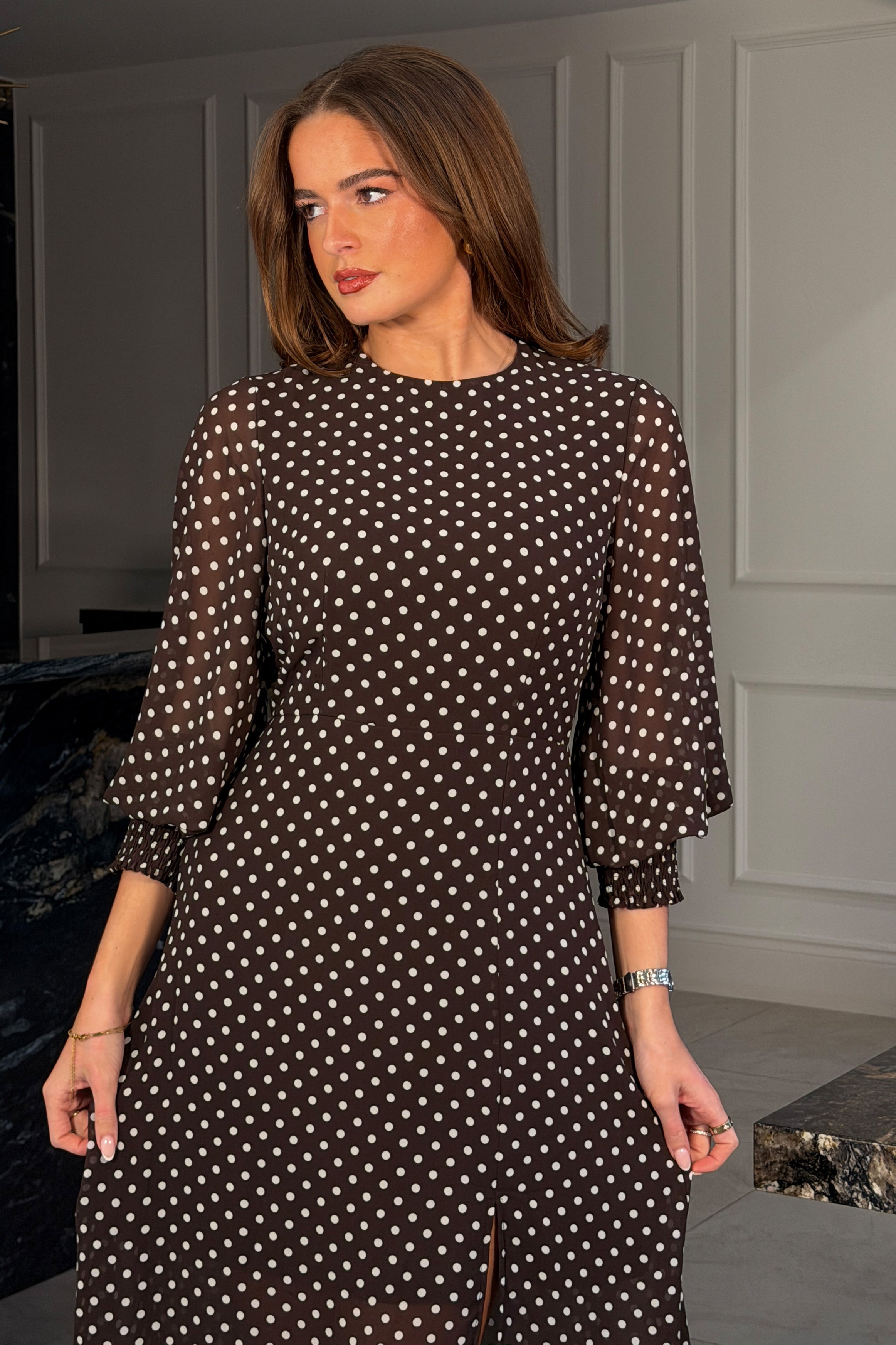 Oraya Shirred Sleeve Brown Spot Midi Dress
