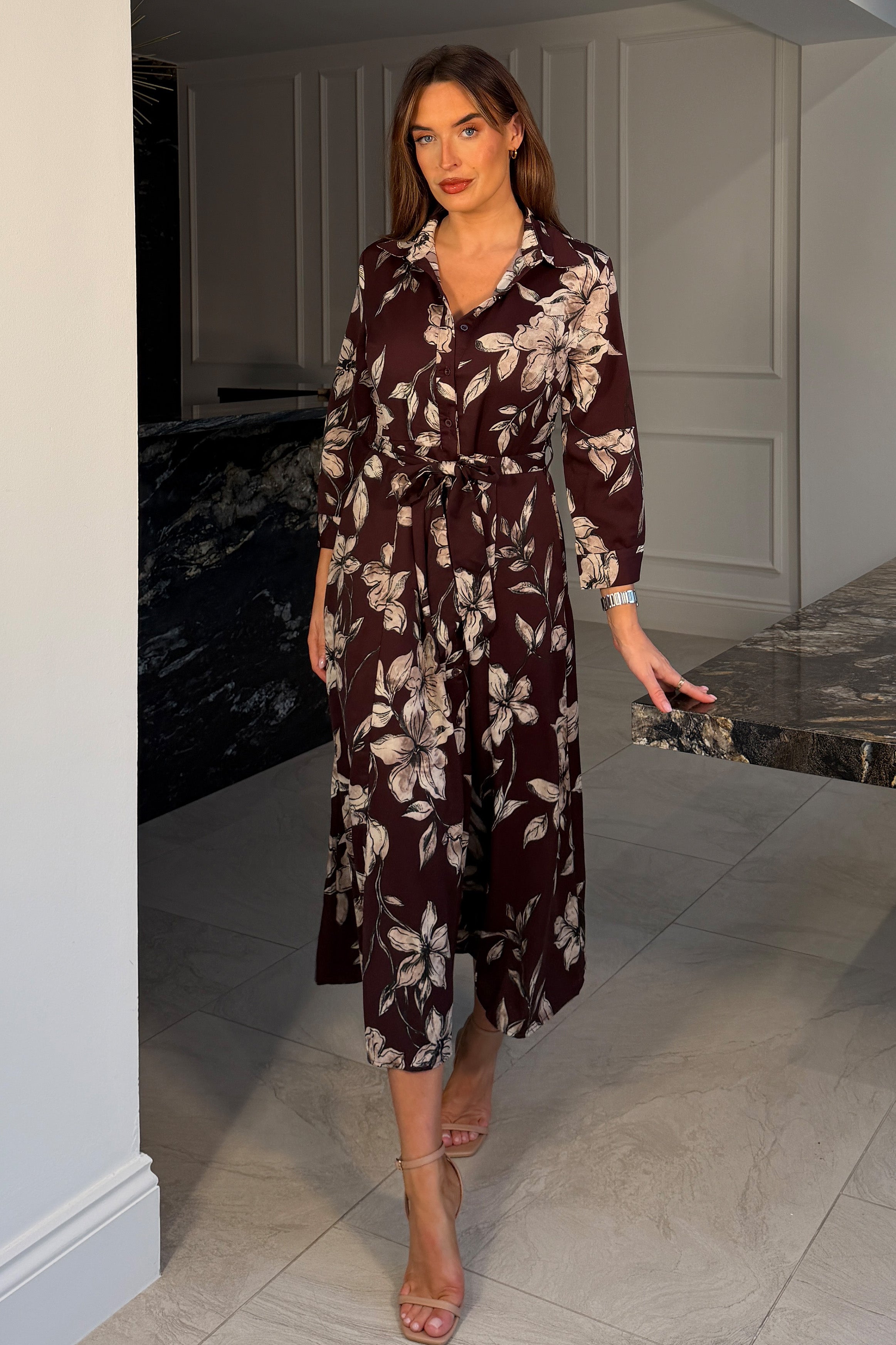 Angela Long Sleeve Maxi Shirt Dress Plum Floral