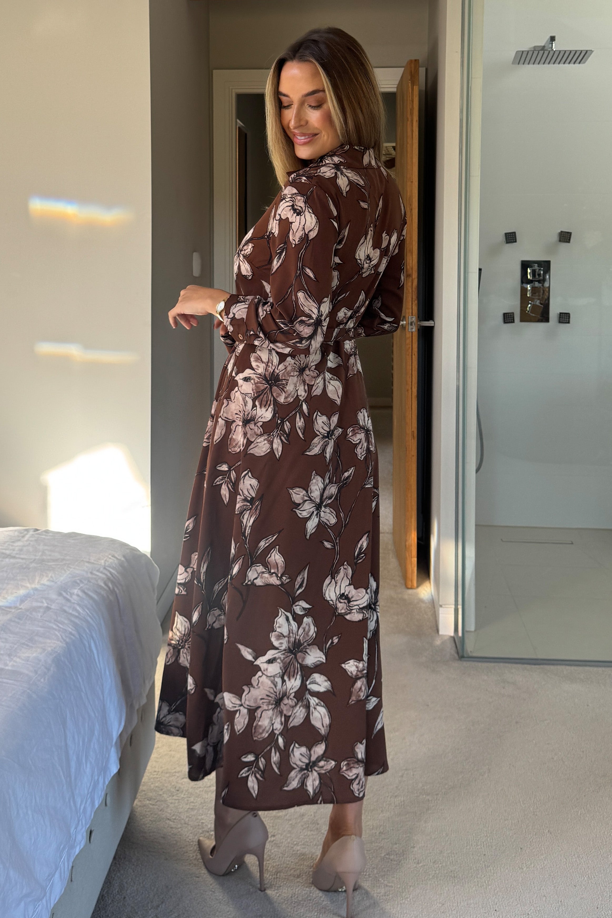 Angela Long Sleeve Maxi Shirt Dress Brown Floral