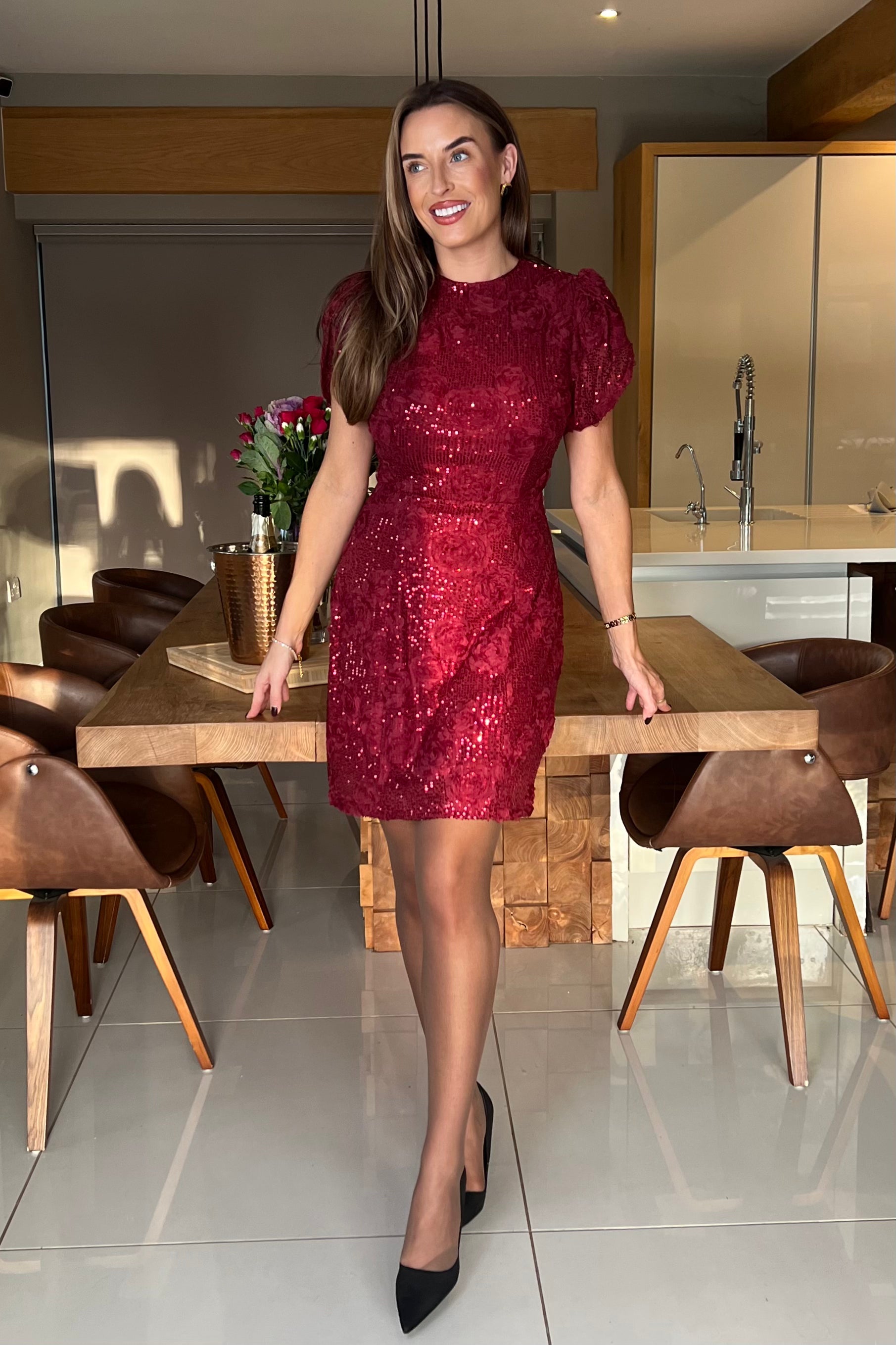 Ami Tulip Sleeve High Neck Mini Dress 3D Floral Berry