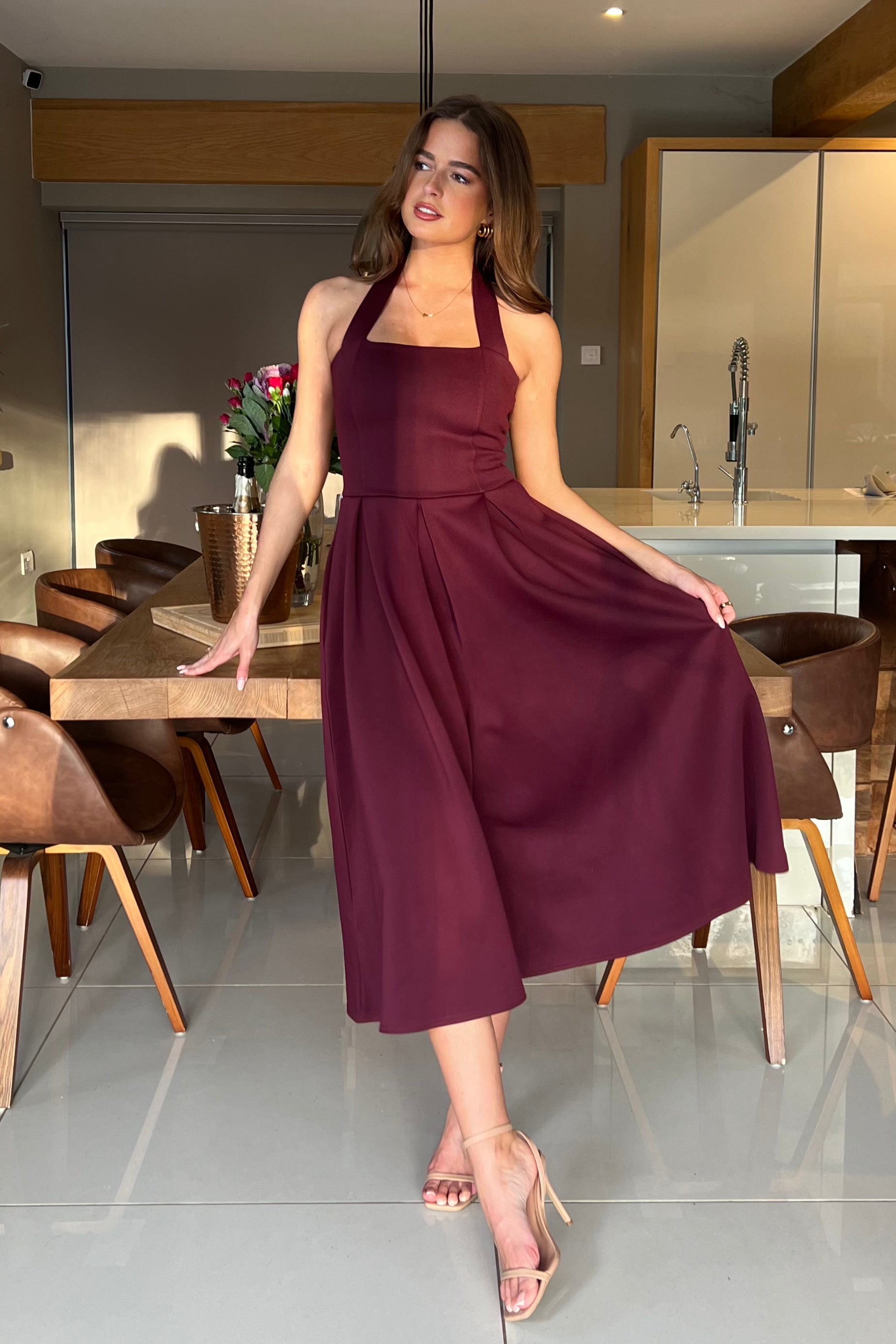 Briar Halterneck Pleated Skirt Midi Dress Plum
