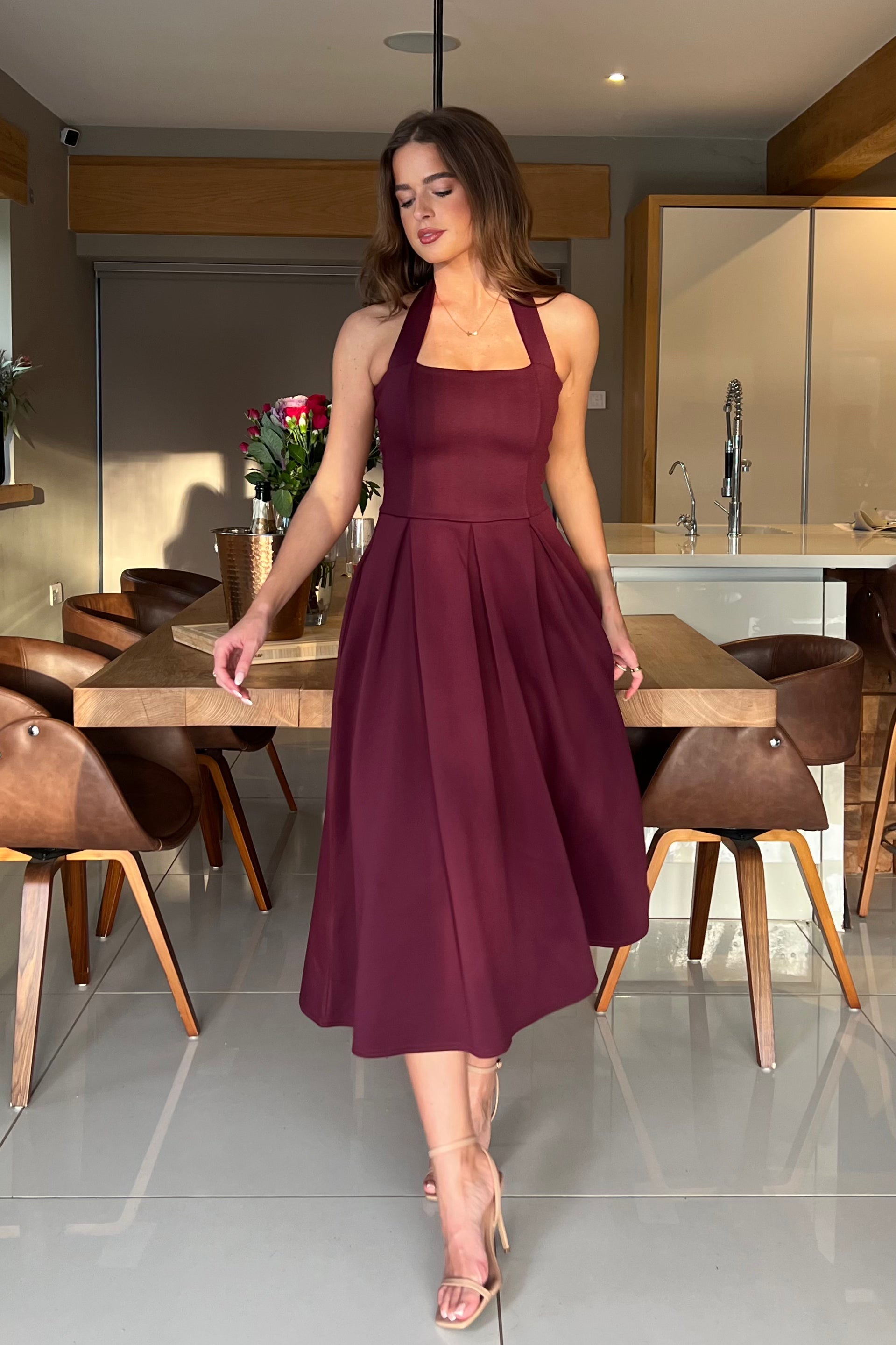 Briar Halterneck Pleated Skirt Midi Dress Plum