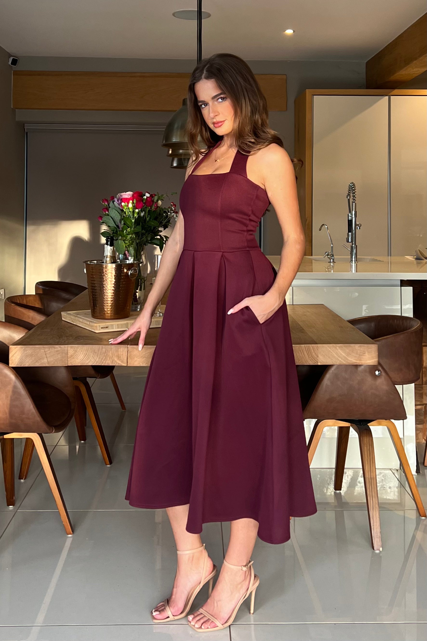 Briar Halterneck Pleated Skirt Midi Dress Plum