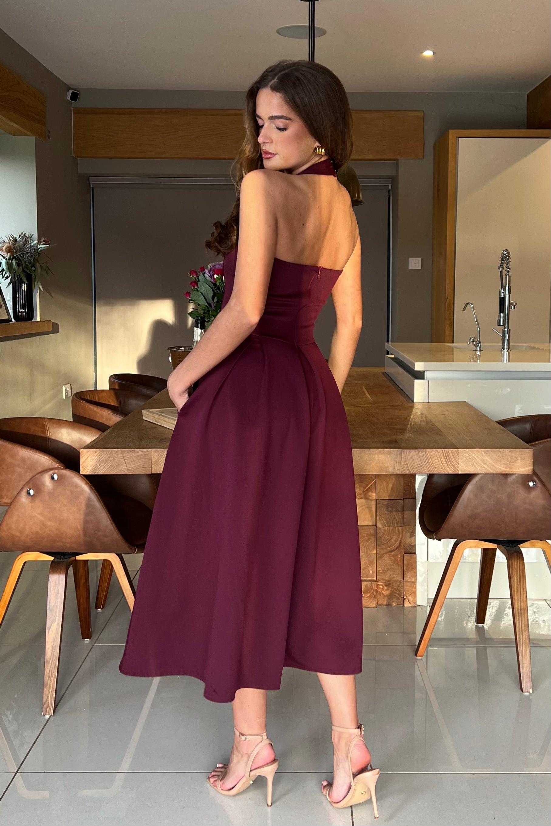 Briar Halterneck Pleated Skirt Midi Dress Plum