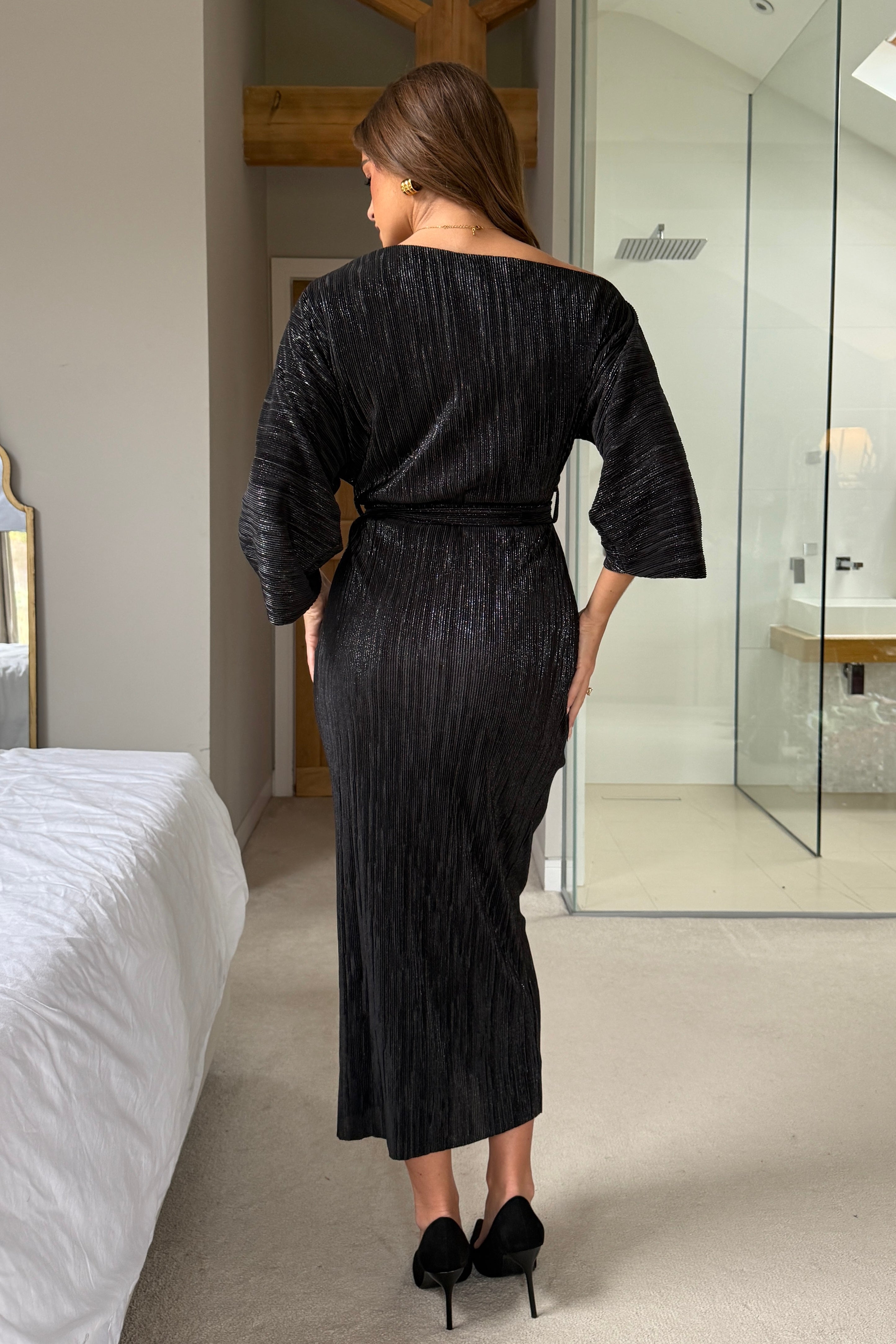 Vendy Off The Shoulder Ruched Detail Midi Dress Metallic Black