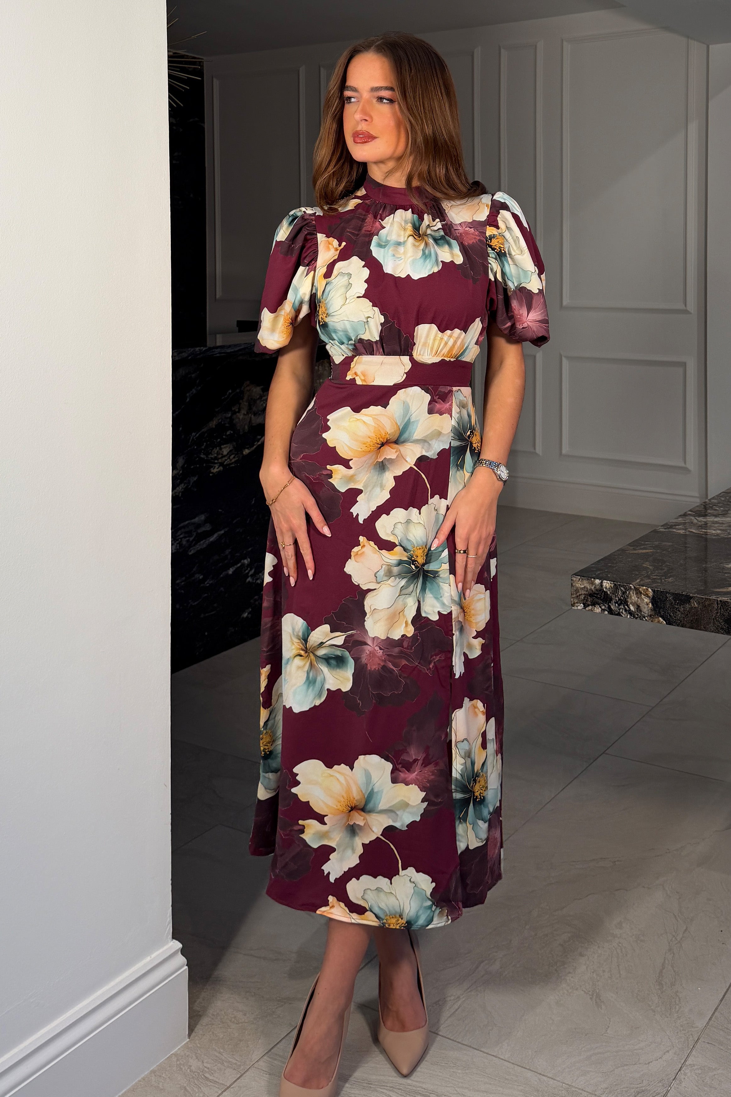 Lilith Plum Flower Puff Sleeve High Neck Midi Dress