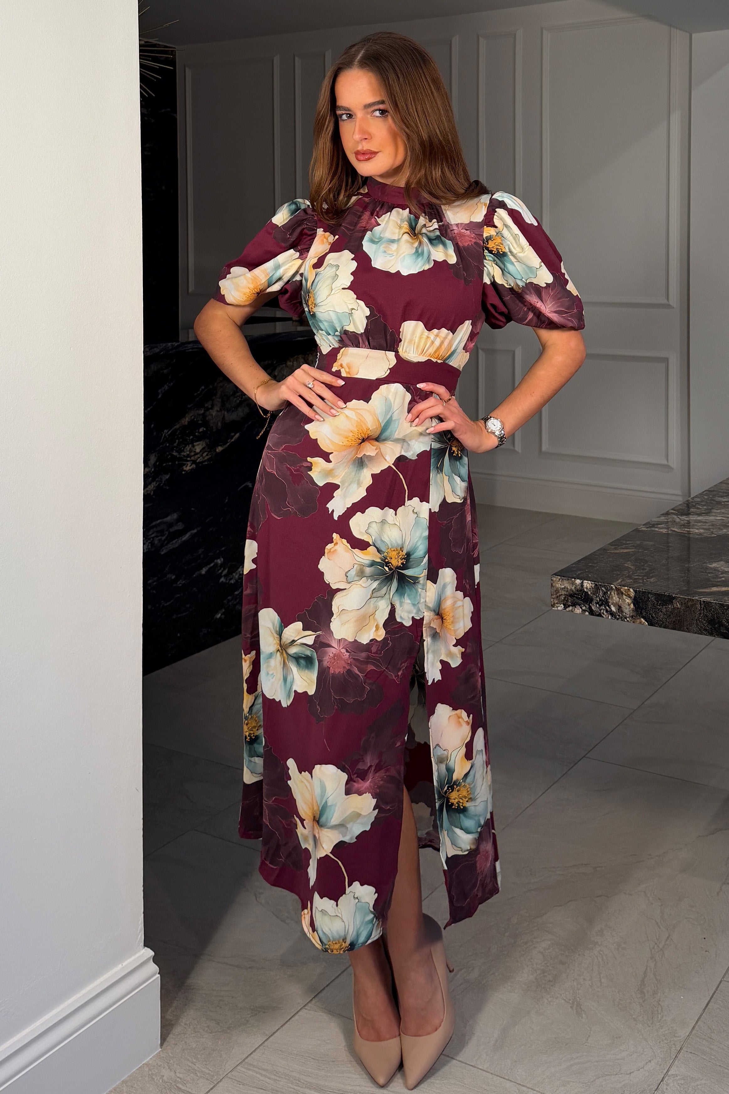 Lilith Plum Flower Puff Sleeve High Neck Midi Dress