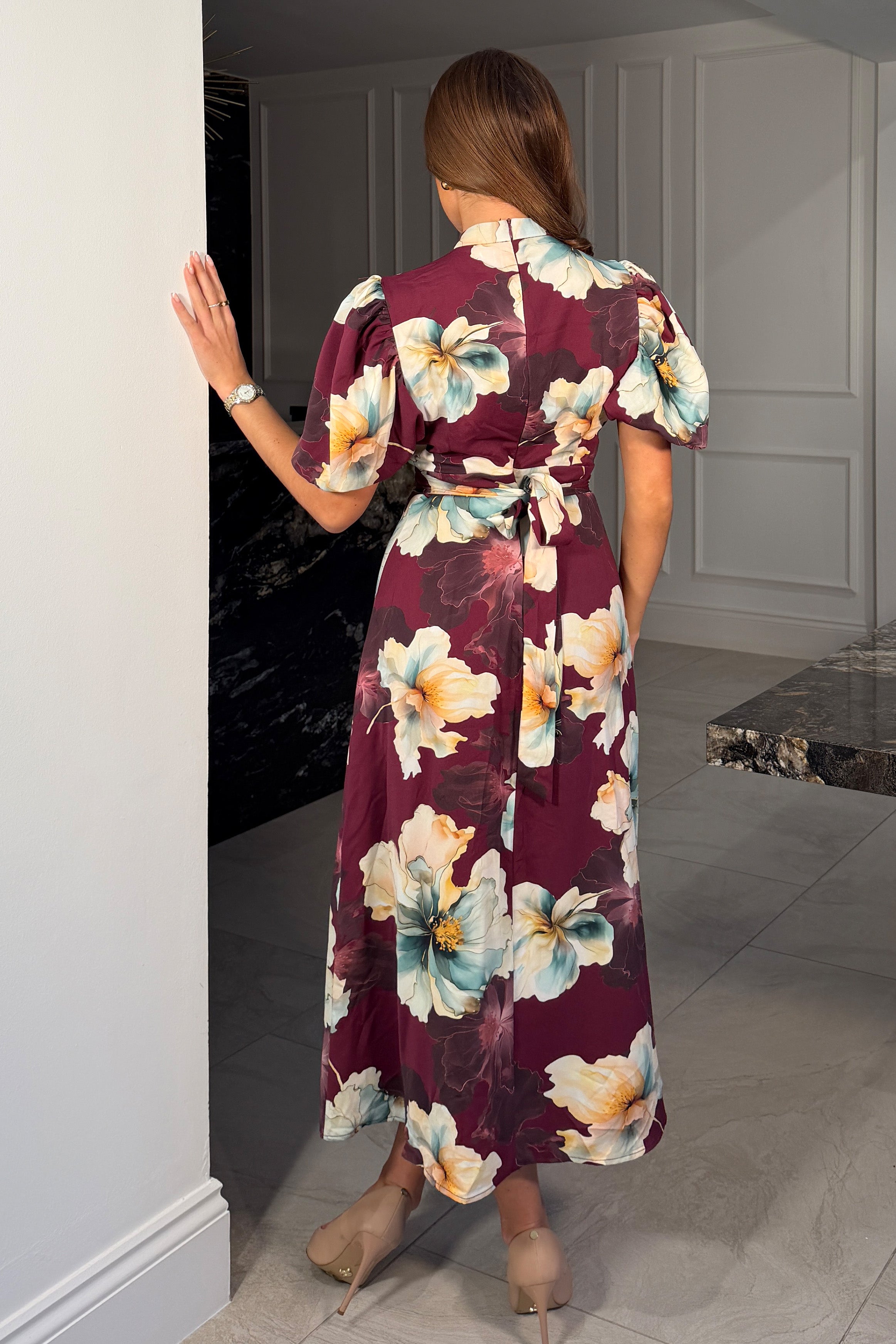 Lilith Plum Flower Puff Sleeve High Neck Midi Dress