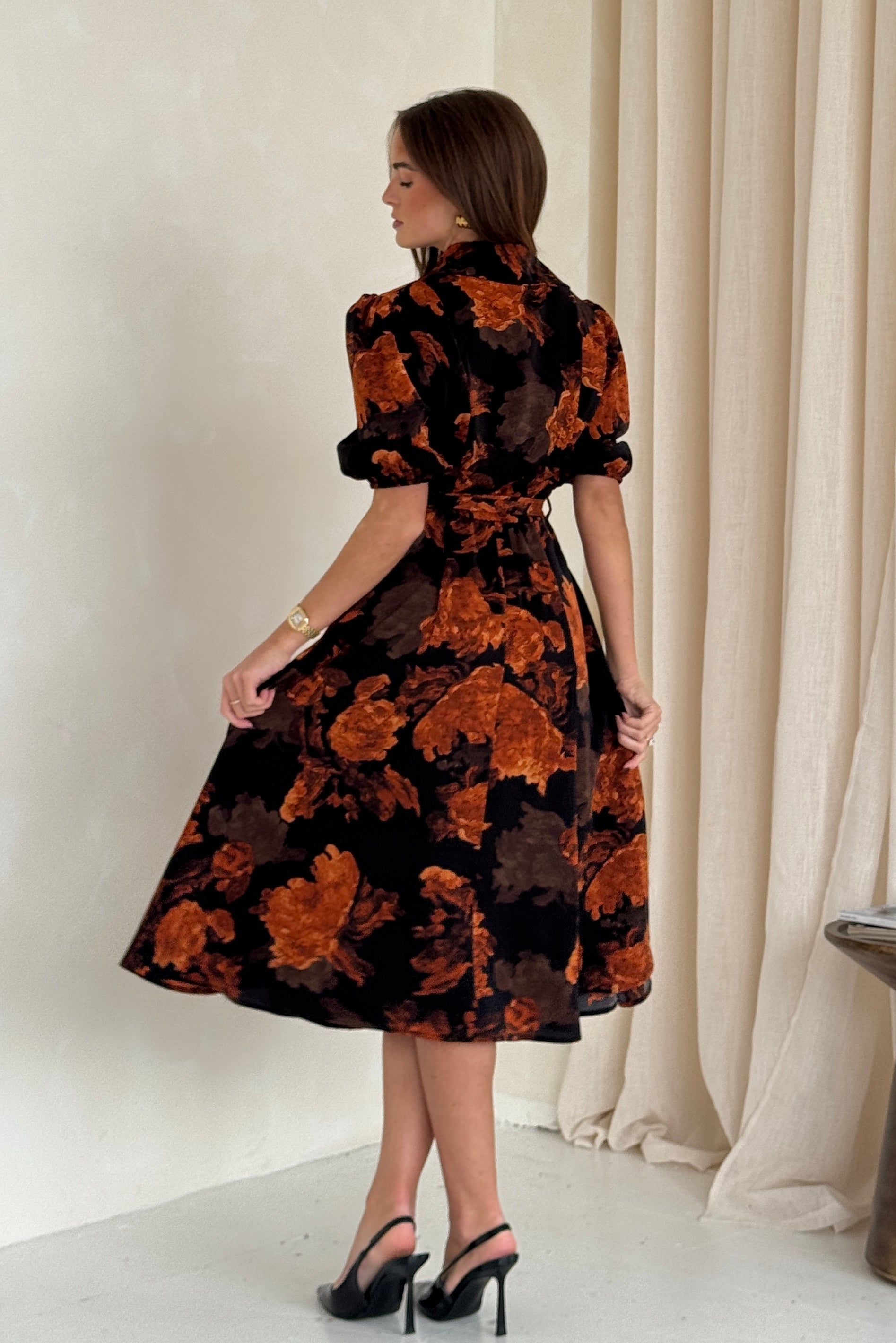 Holland Orange Floral Collar Midi Dress