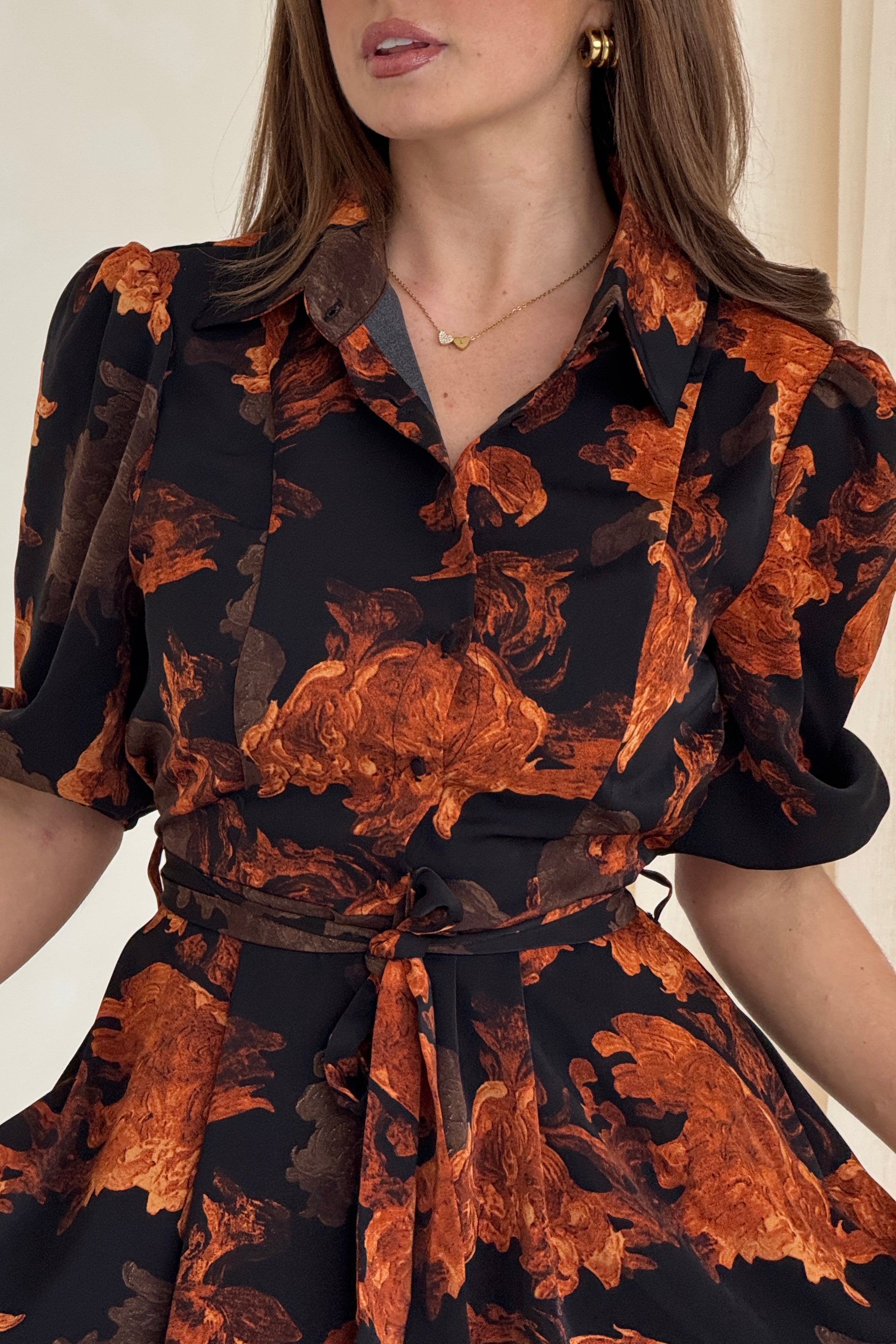 Holland Orange Floral Collar Midi Dress