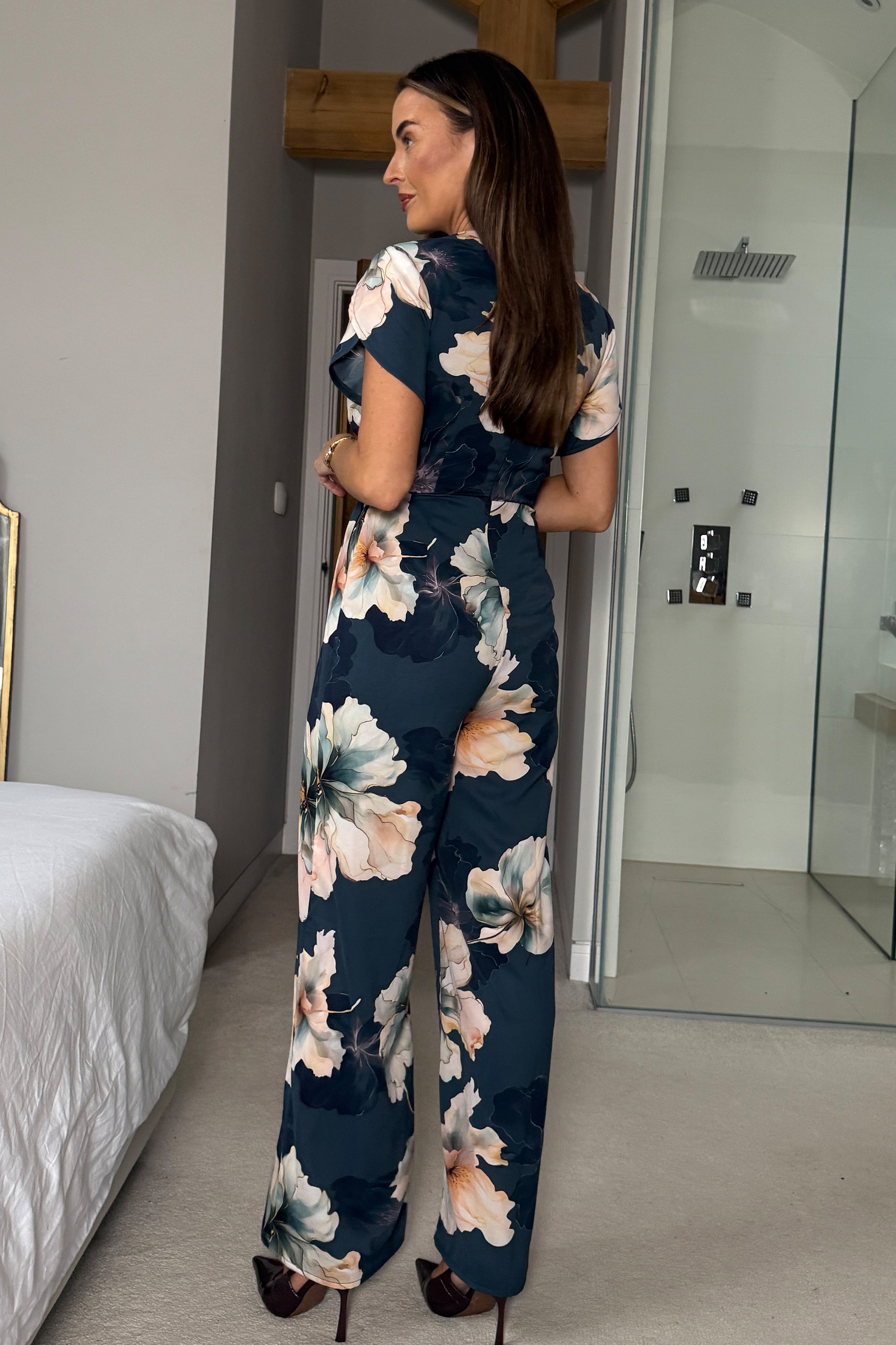 Bridget Twist Font Split Arm Jumpsuit Blue Floral