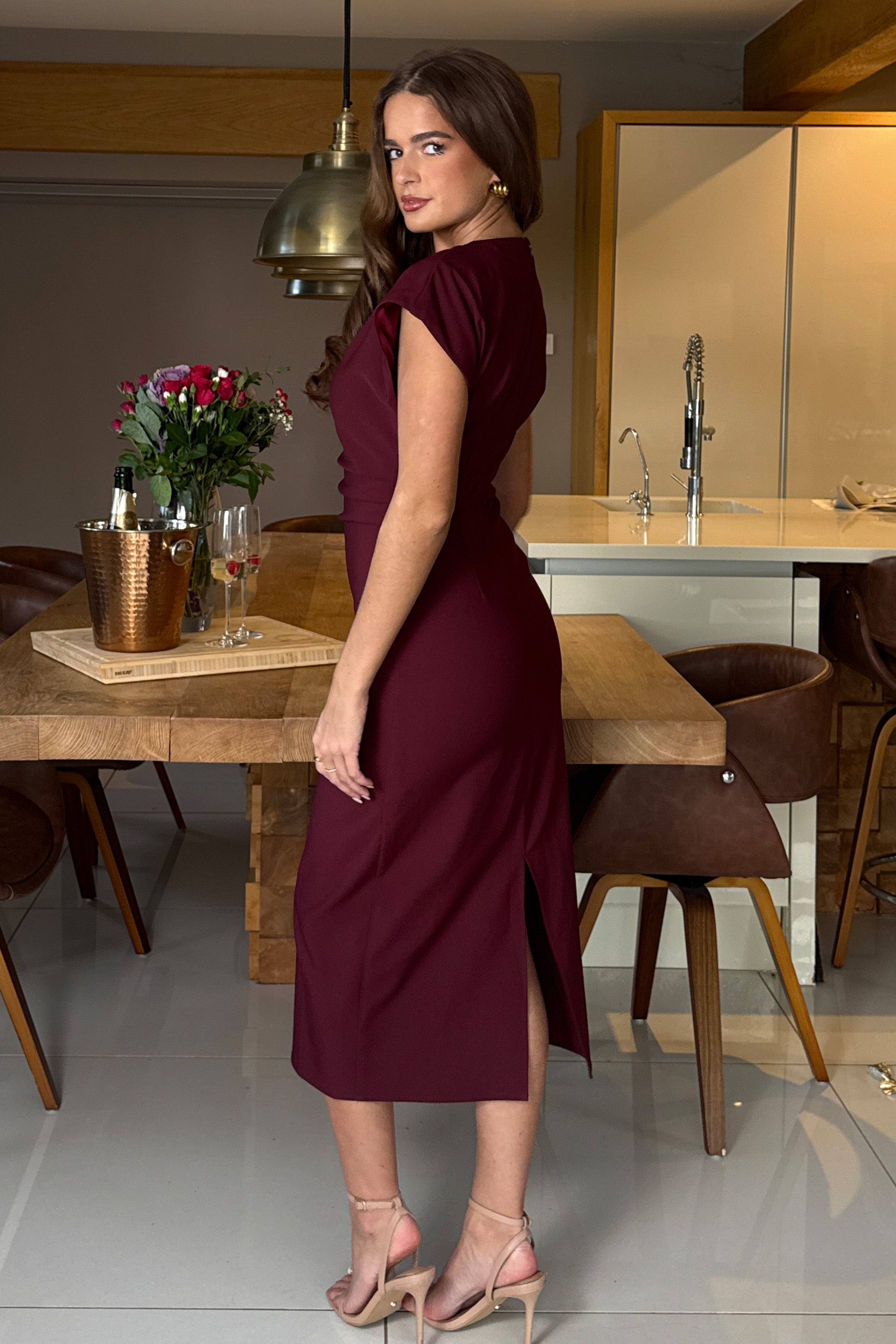 Terri Ruched Waist Short Sleeve Burgundy Midi Dress