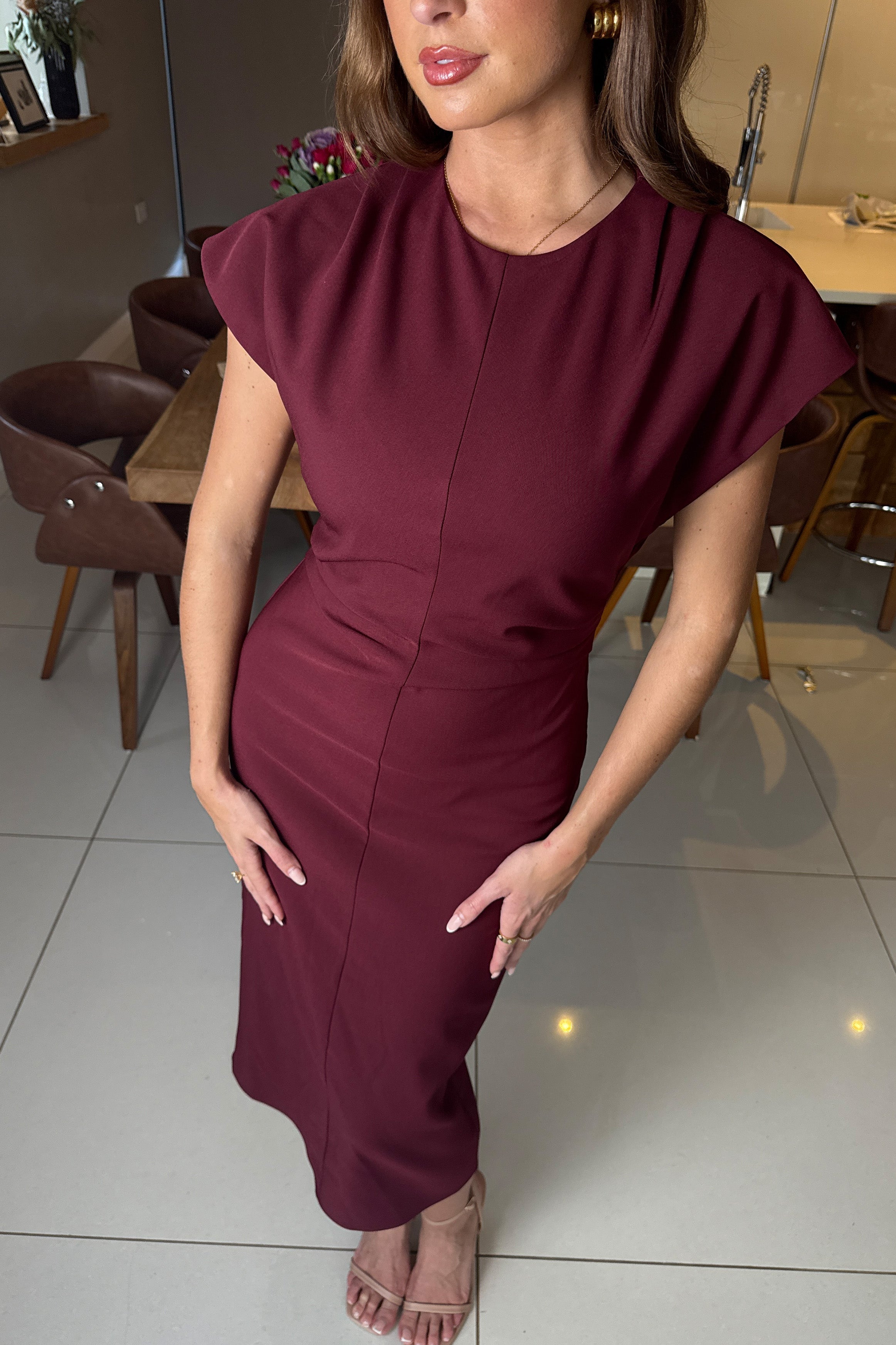 Terri Ruched Waist Short Sleeve Burgundy Midi Dress