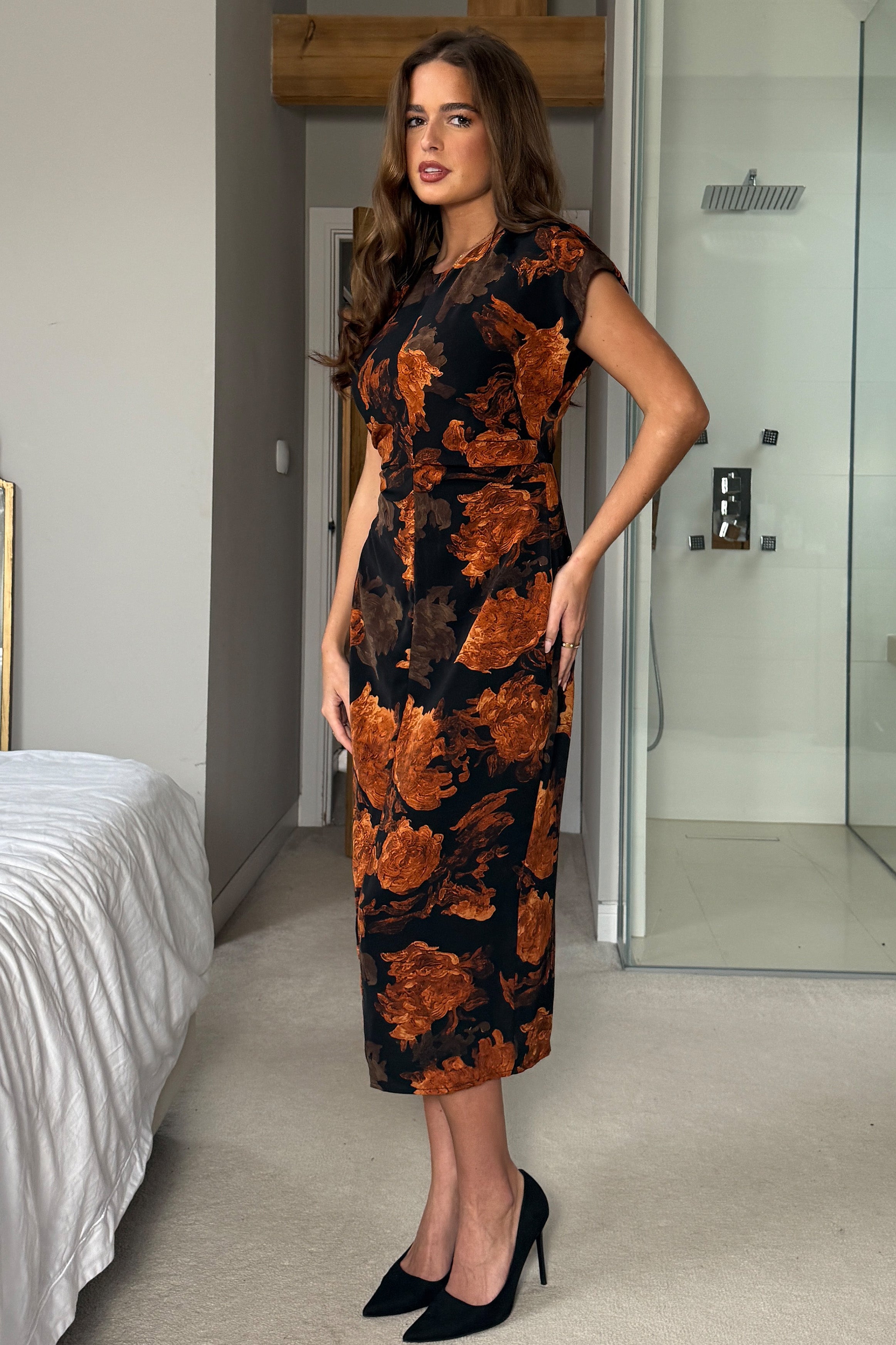 Terri Ruched Waist Short Sleeve Orange Midi Dress