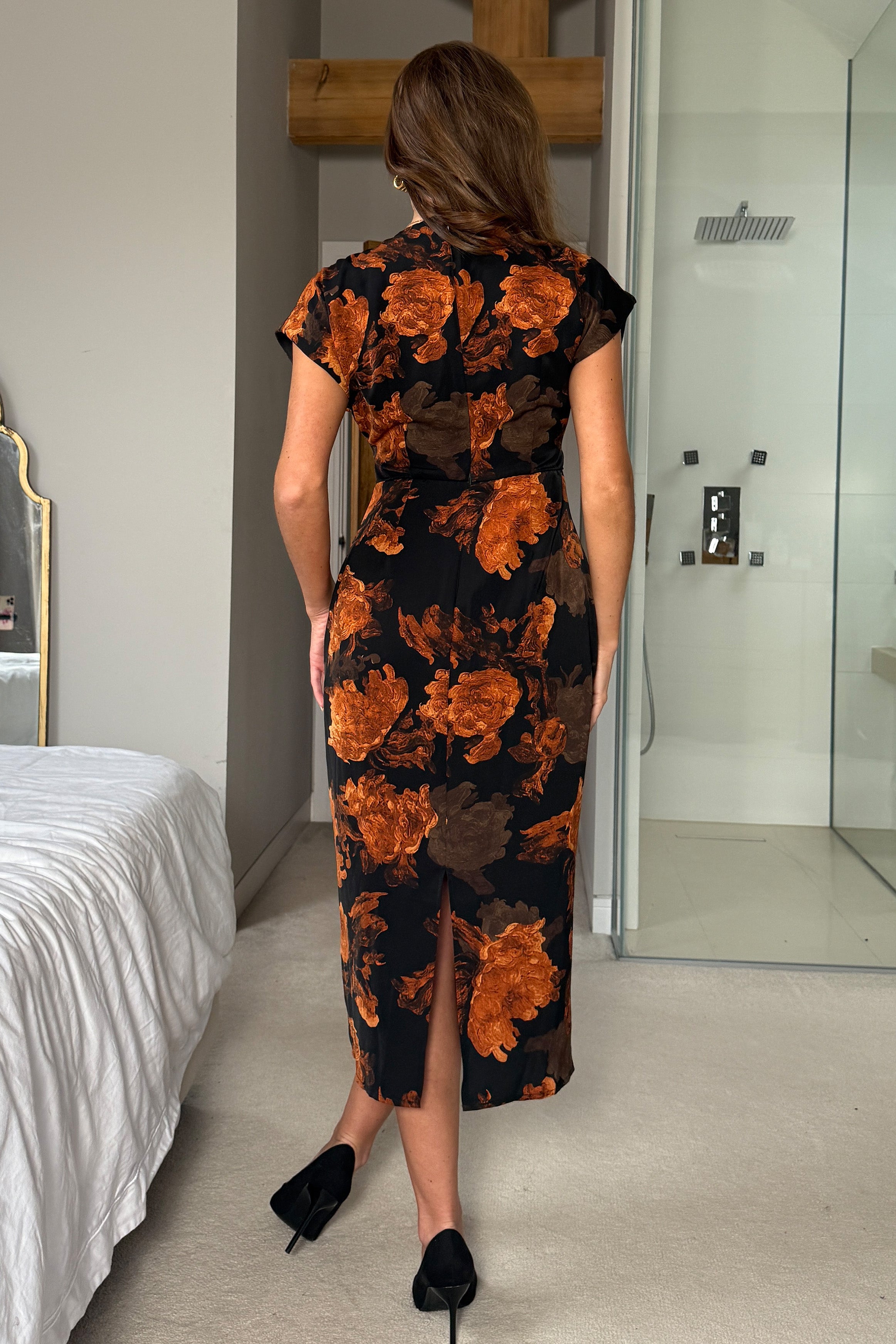 Terri Ruched Waist Short Sleeve Orange Midi Dress