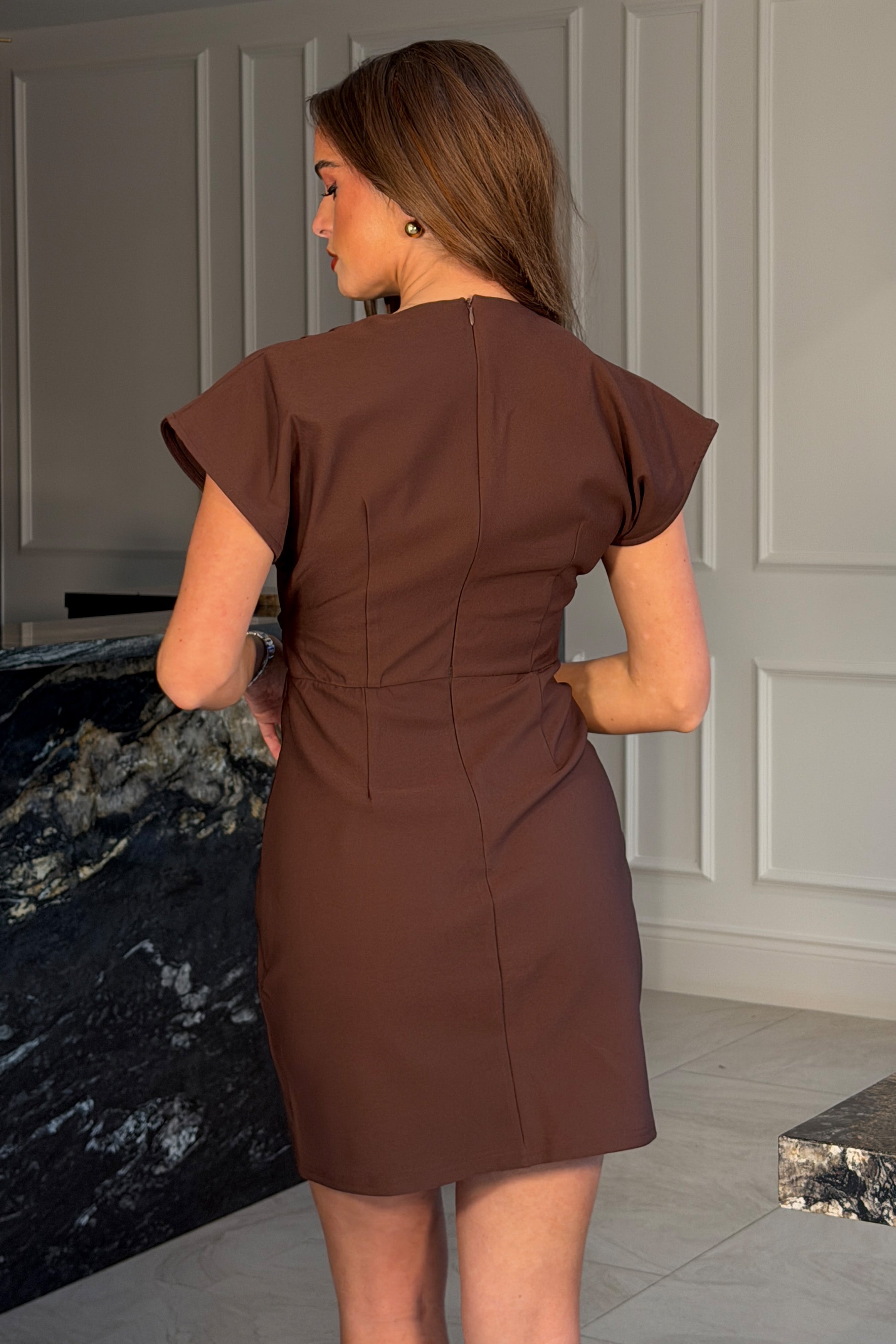 Terri Ruched Waist Short Sleeve Brown Mini Dress