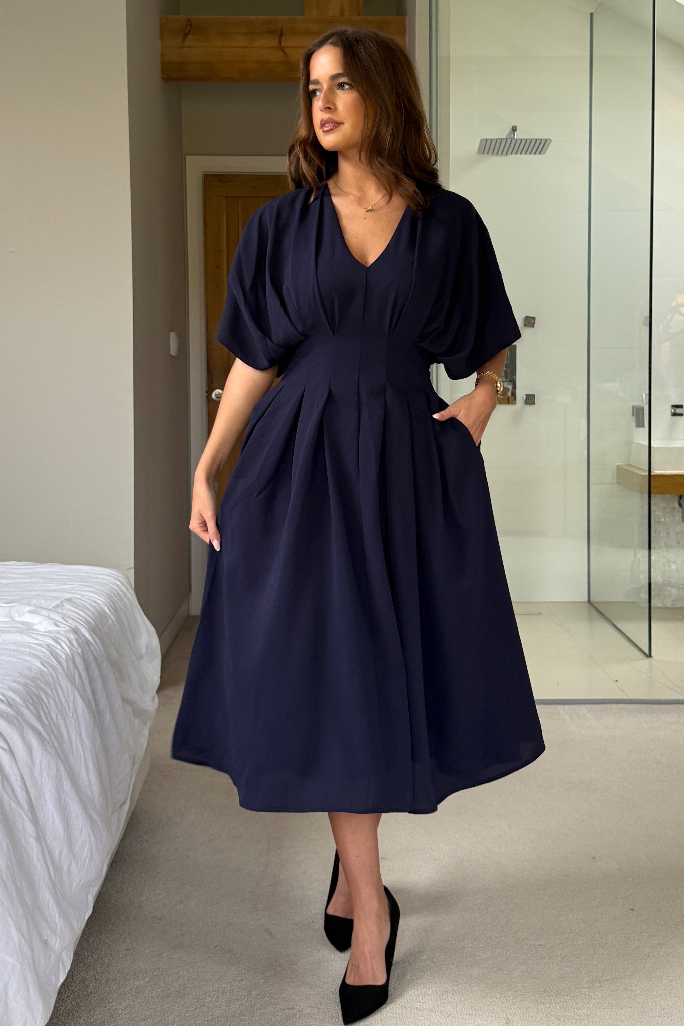 Laura V-Neck Short Sleeve Flowy Navy Midi Dress