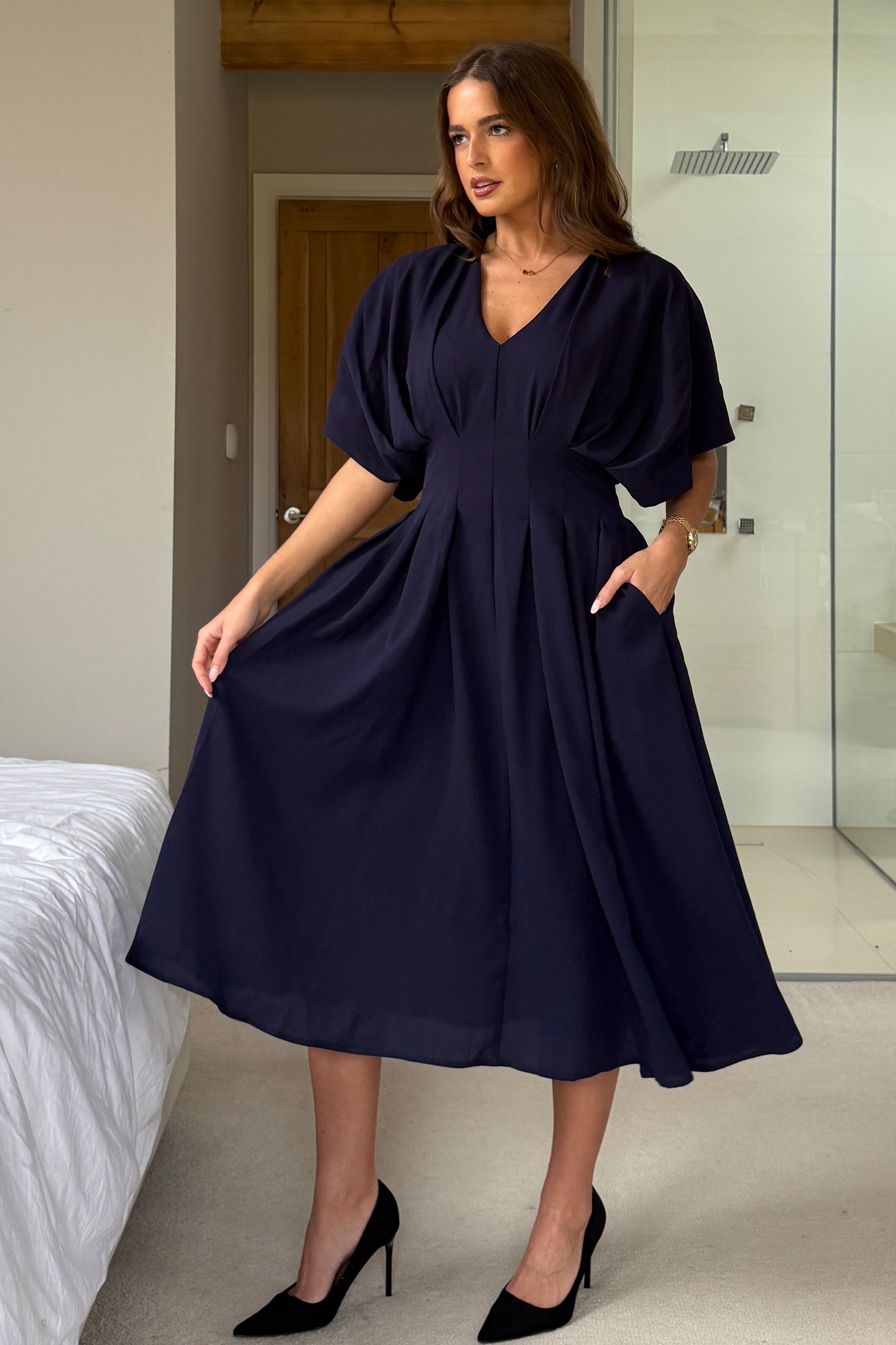 Laura V-Neck Short Sleeve Flowy Navy Midi Dress