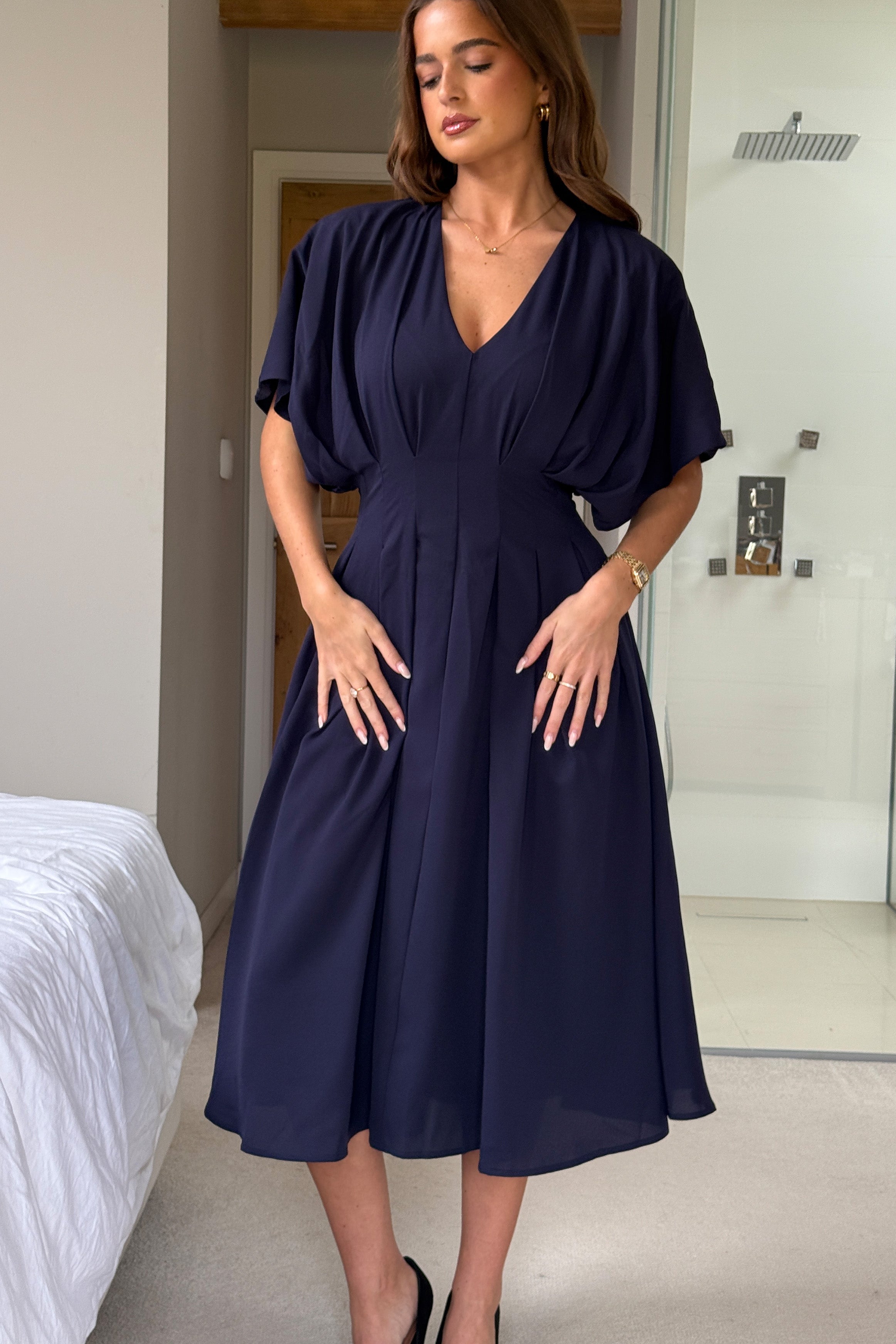Laura V-Neck Short Sleeve Flowy Navy Midi Dress