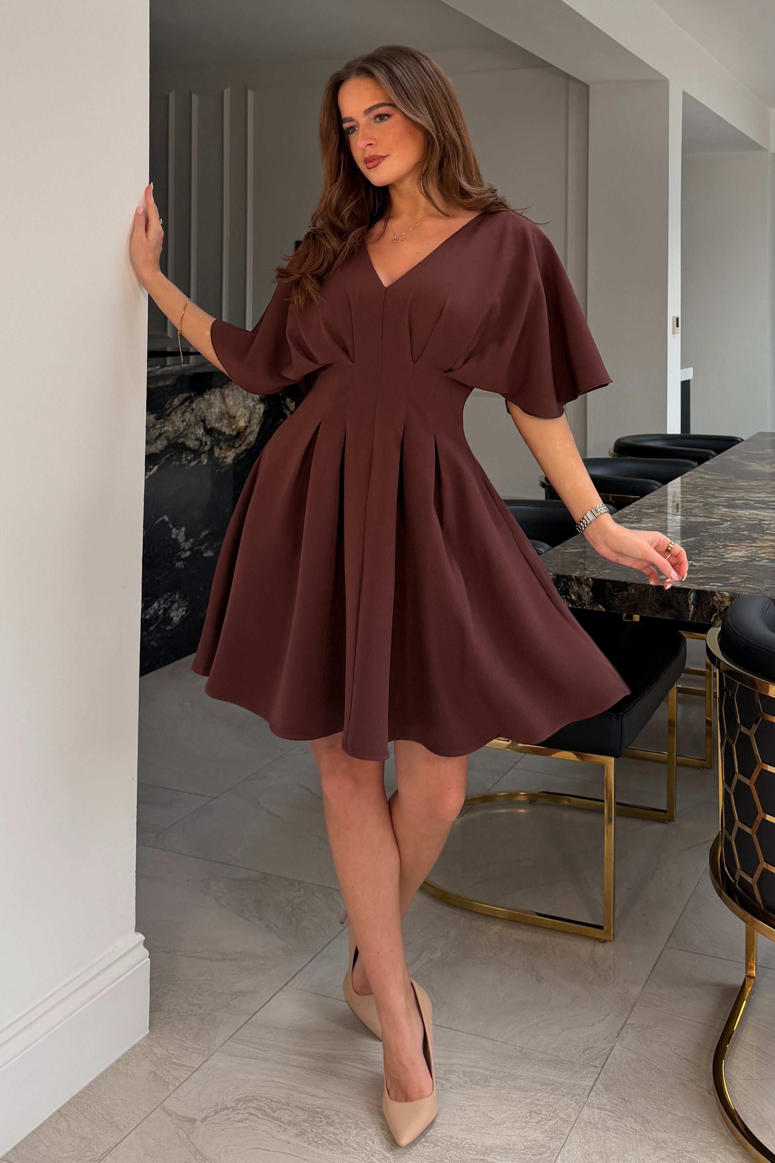 Laura V-Neck Short Sleeve Flowy Brown Mini Dress
