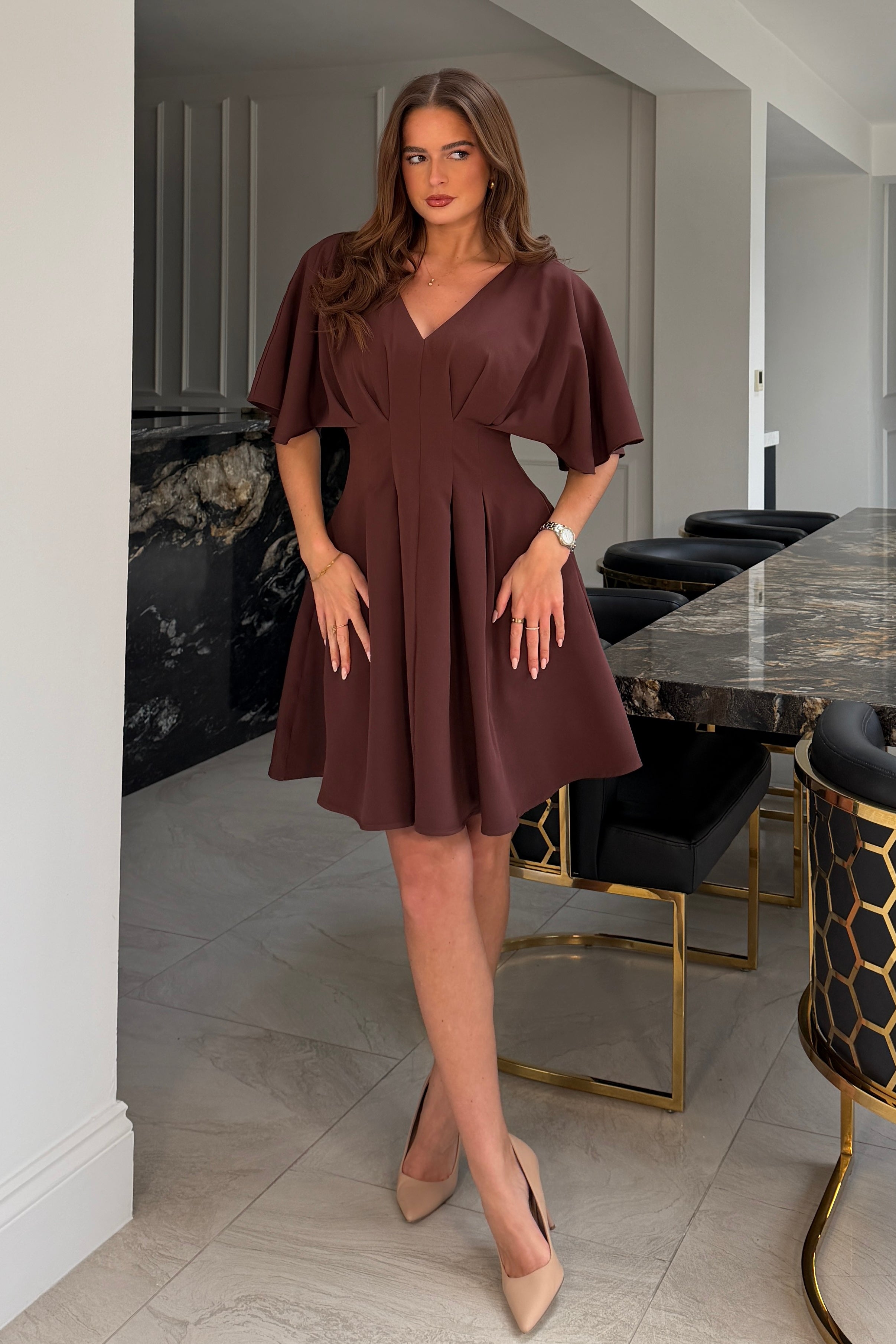 Laura V-Neck Short Sleeve Flowy Brown Mini Dress