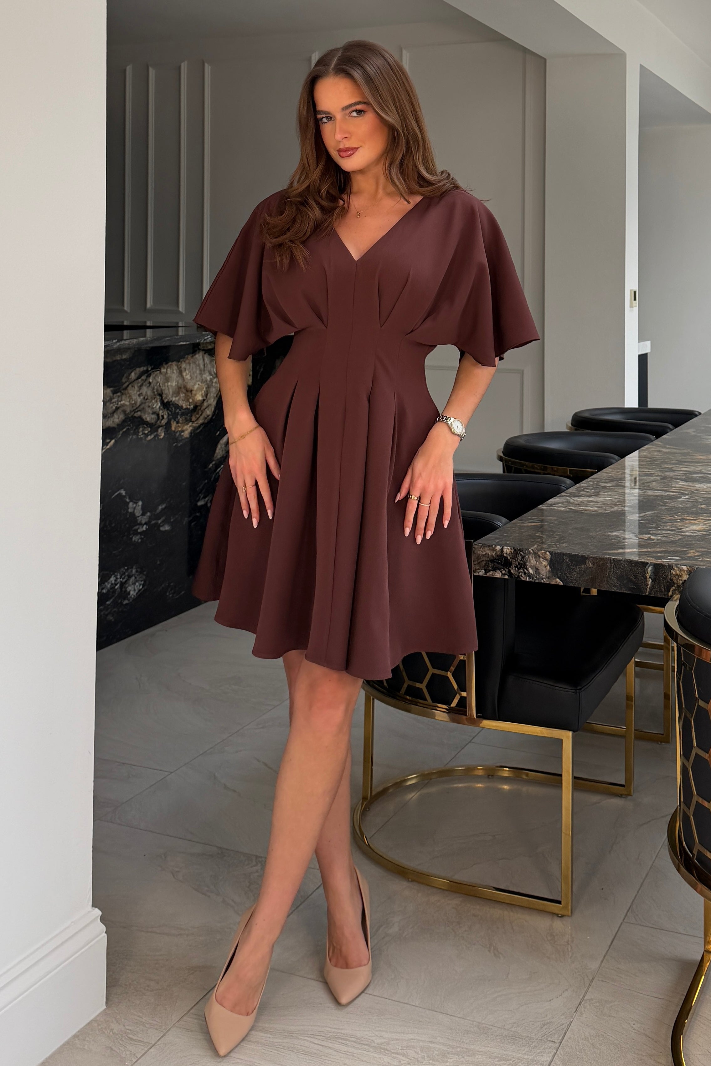 Laura V-Neck Short Sleeve Flowy Brown Mini Dress
