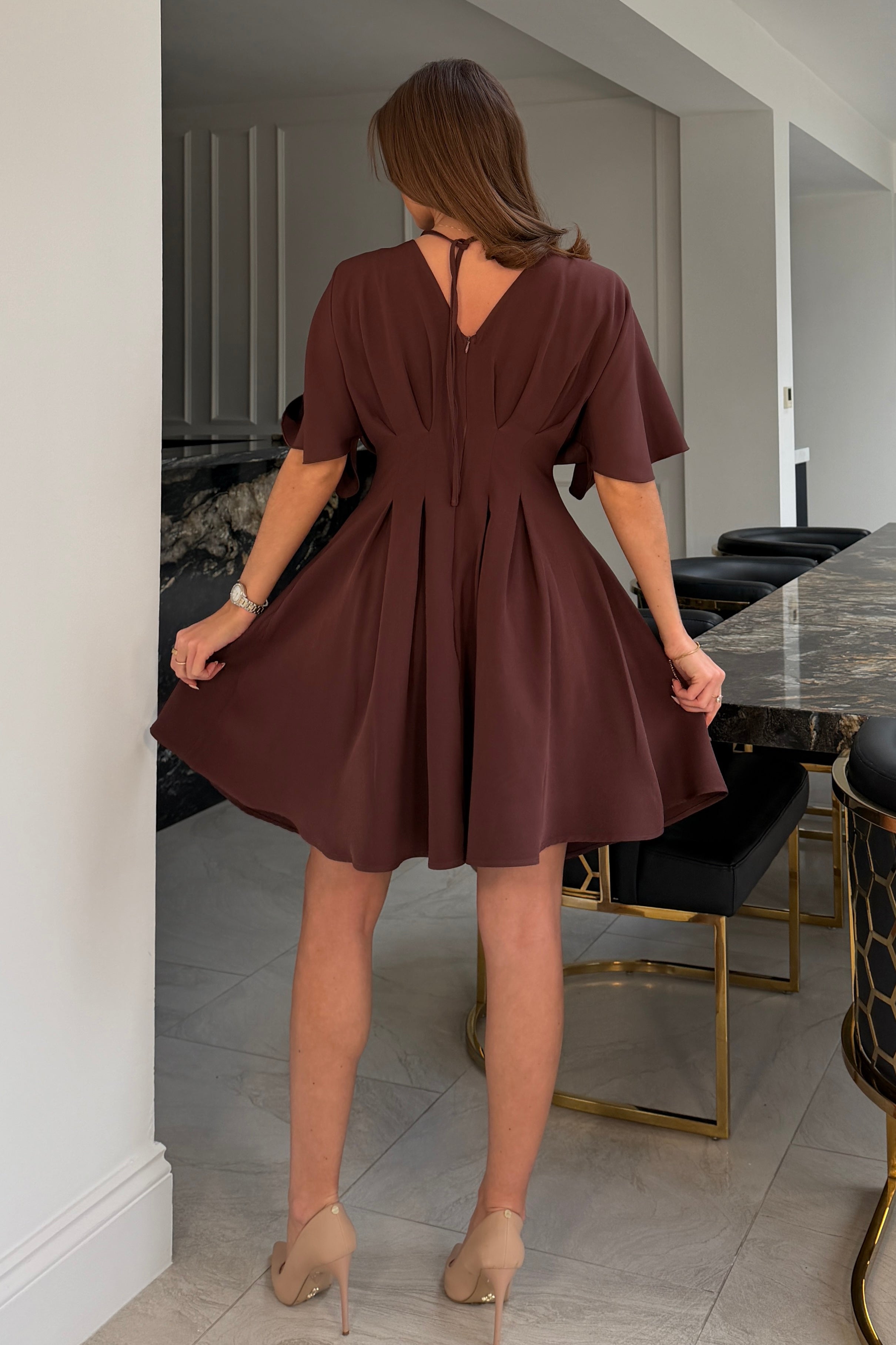 Laura V-Neck Short Sleeve Flowy Brown Mini Dress