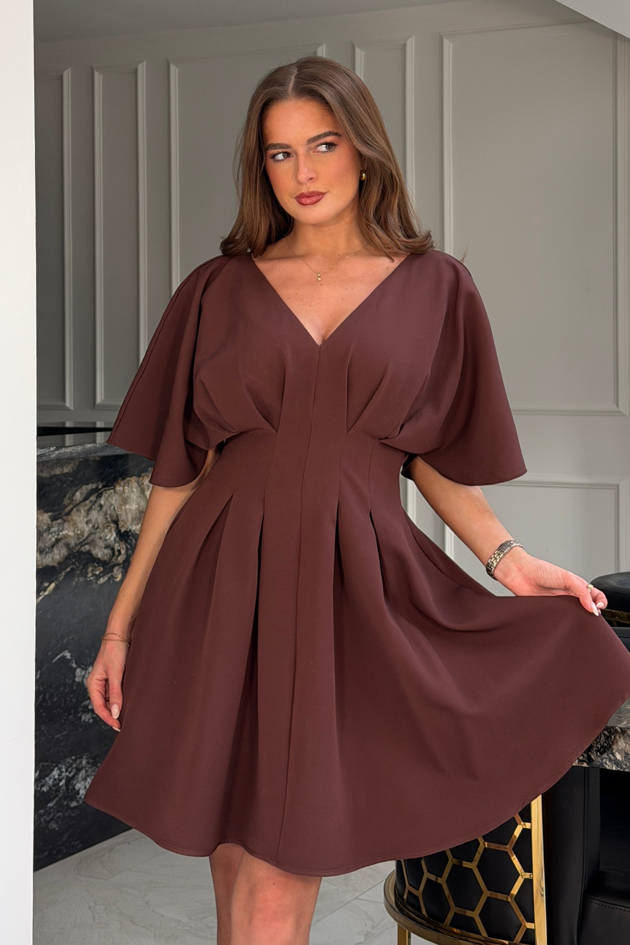 Laura V-Neck Short Sleeve Flowy Brown Mini Dress