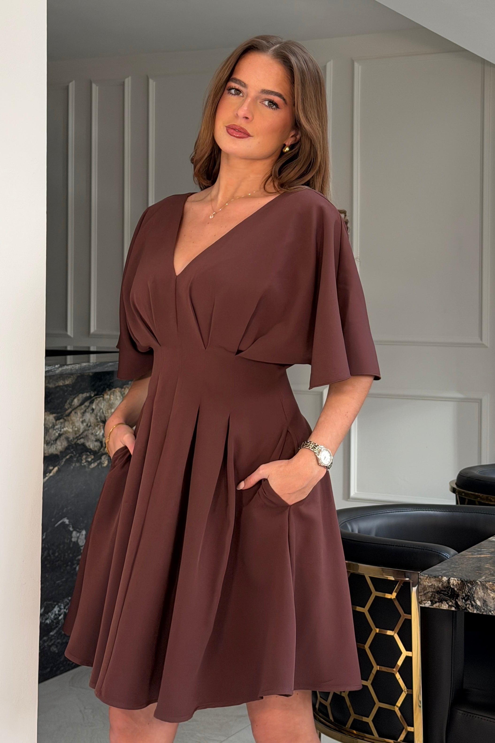 Laura V-Neck Short Sleeve Flowy Brown Mini Dress
