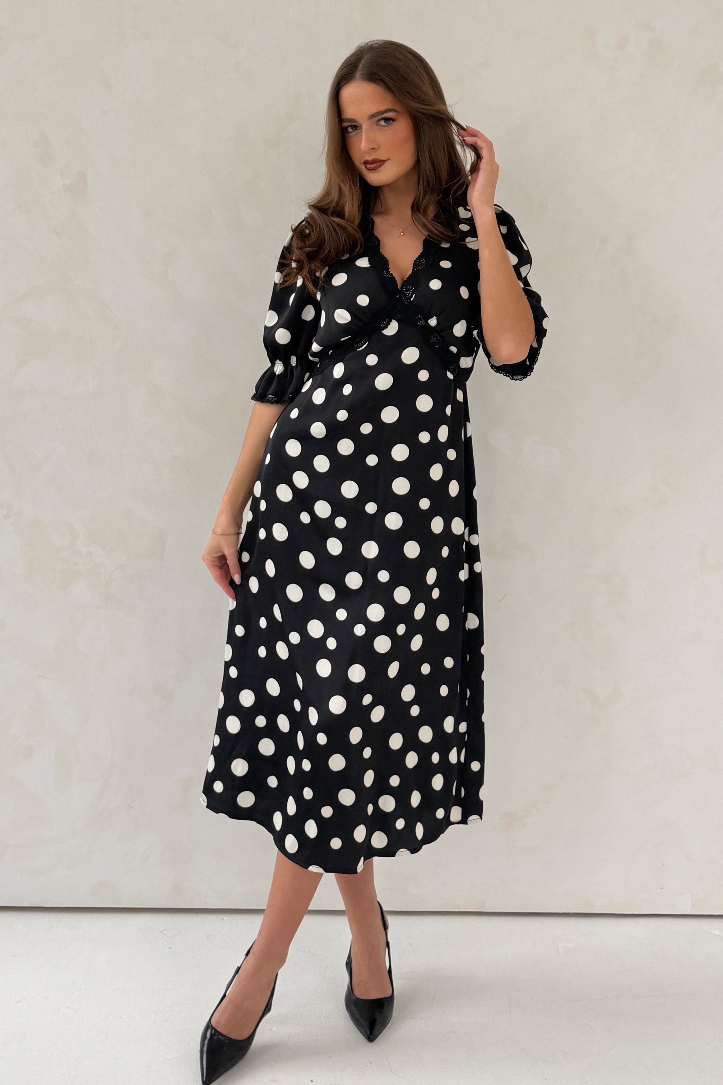 Sharon V-Neck Puff Sleeve Black Polka Midi Dress