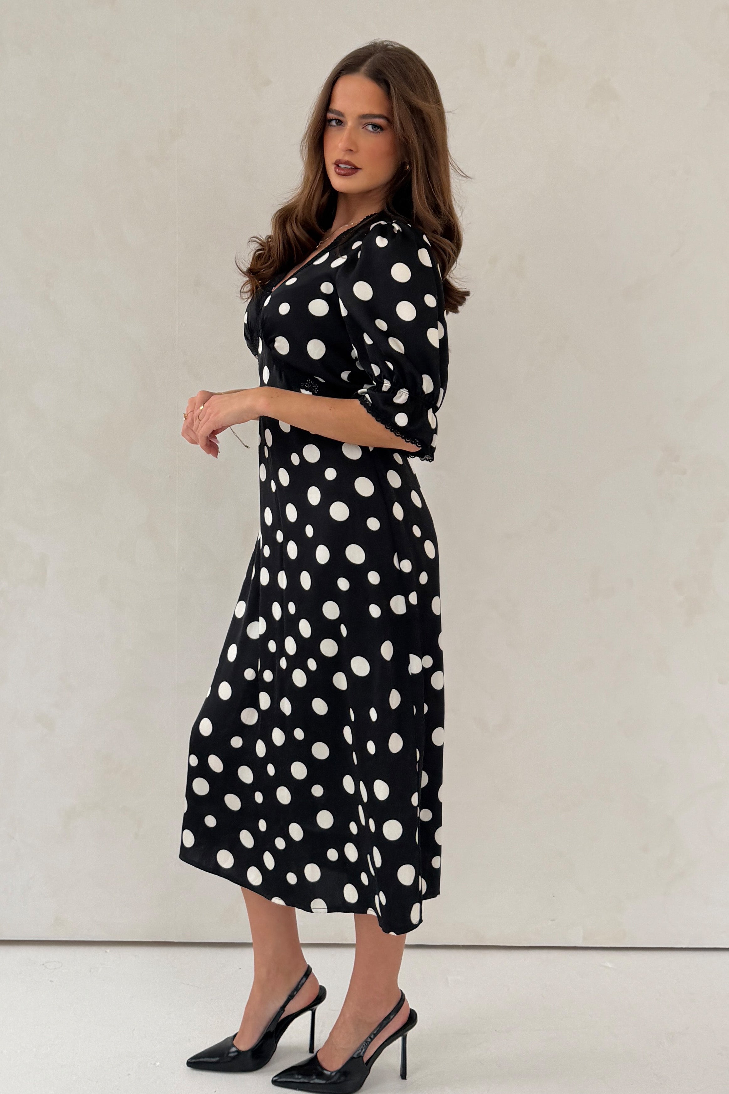 Sharon V-Neck Puff Sleeve Black Polka Midi Dress
