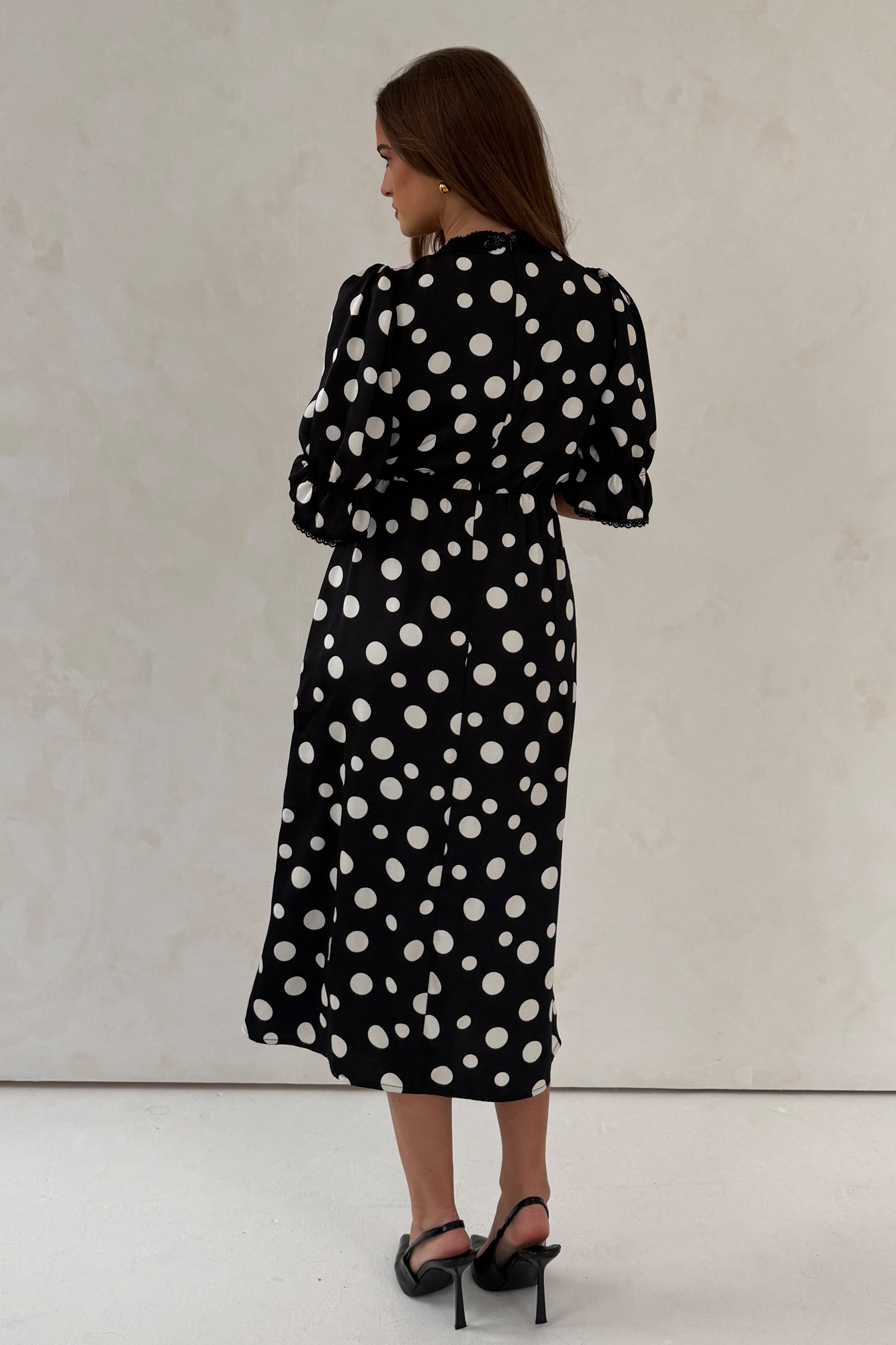Sharon V-Neck Puff Sleeve Black Polka Midi Dress