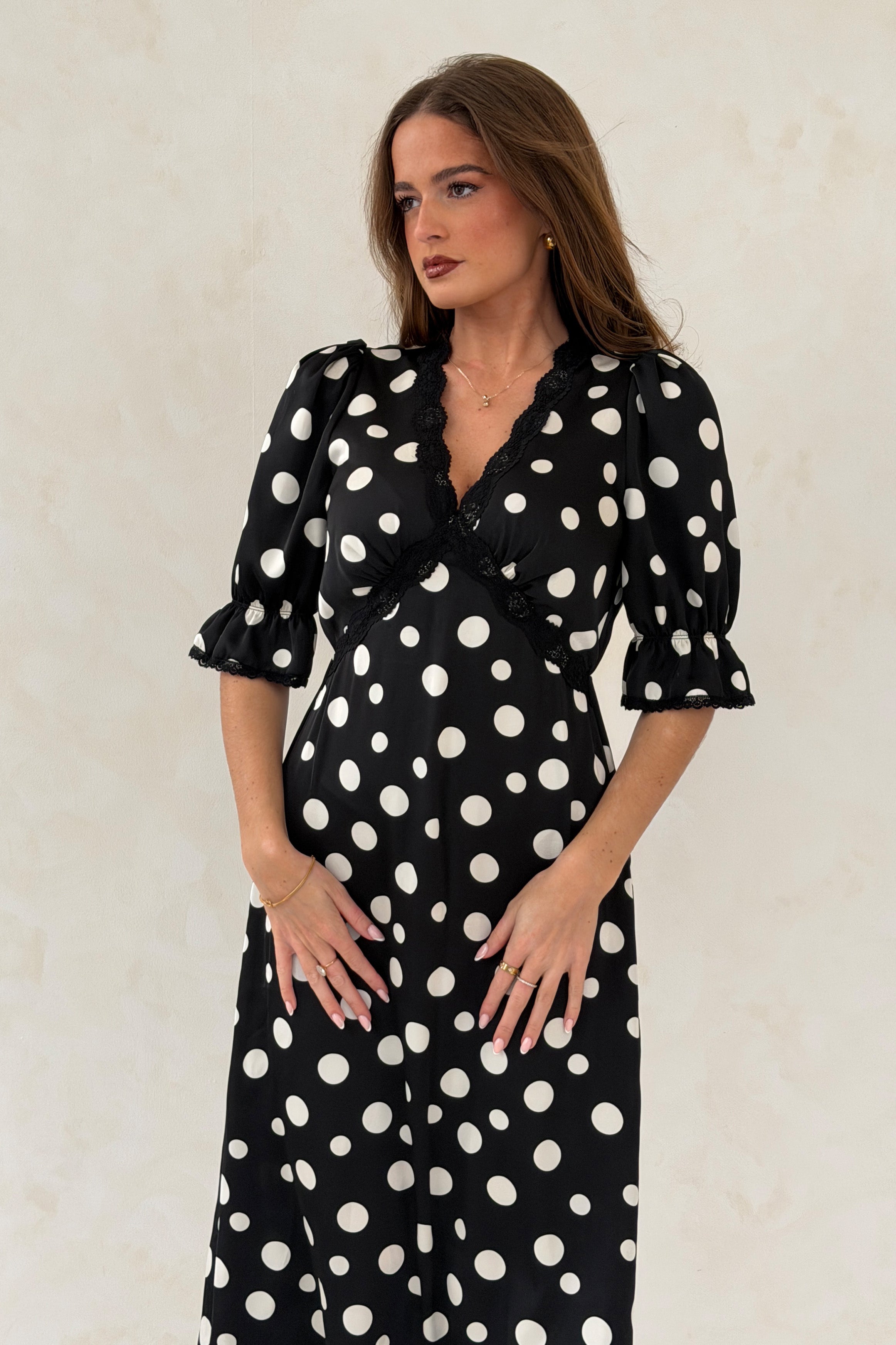 Sharon V-Neck Puff Sleeve Black Polka Midi Dress