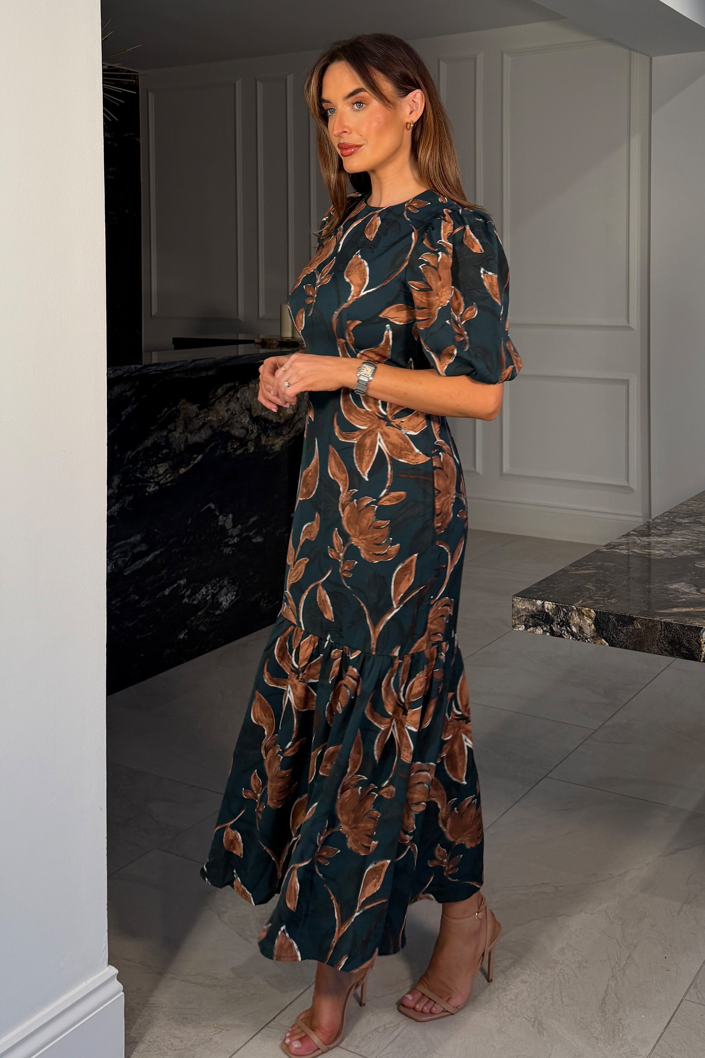 Briege Green Puff Sleeve Floral Ruffle Hem Midi Dress