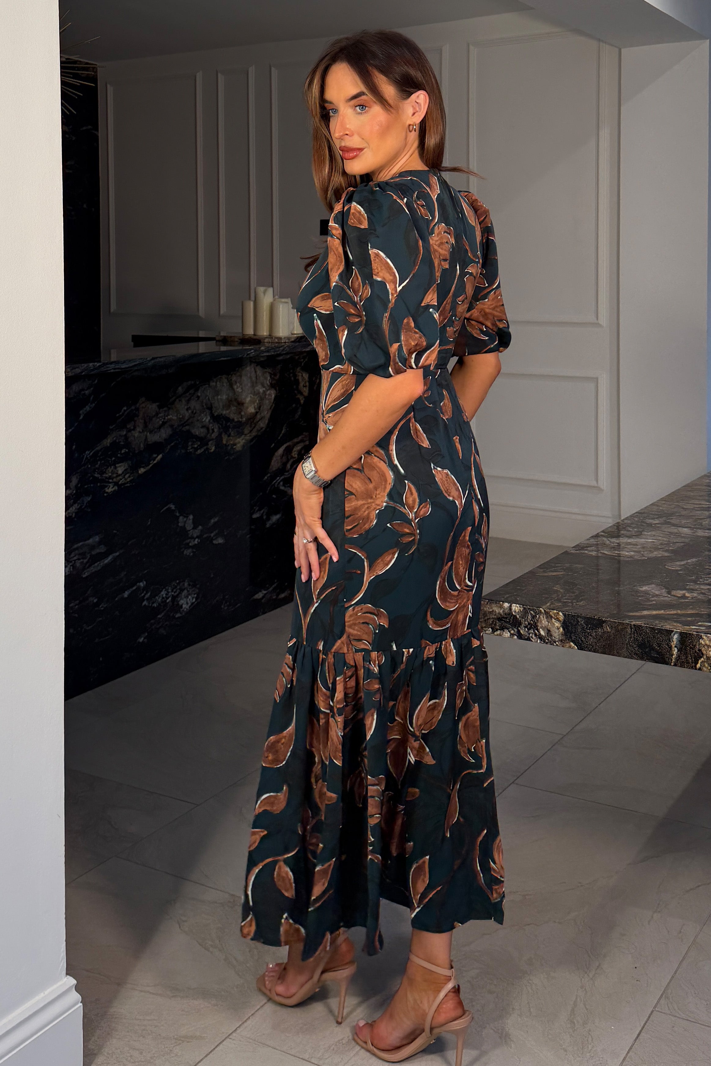 Briege Green Puff Sleeve Floral Ruffle Hem Midi Dress