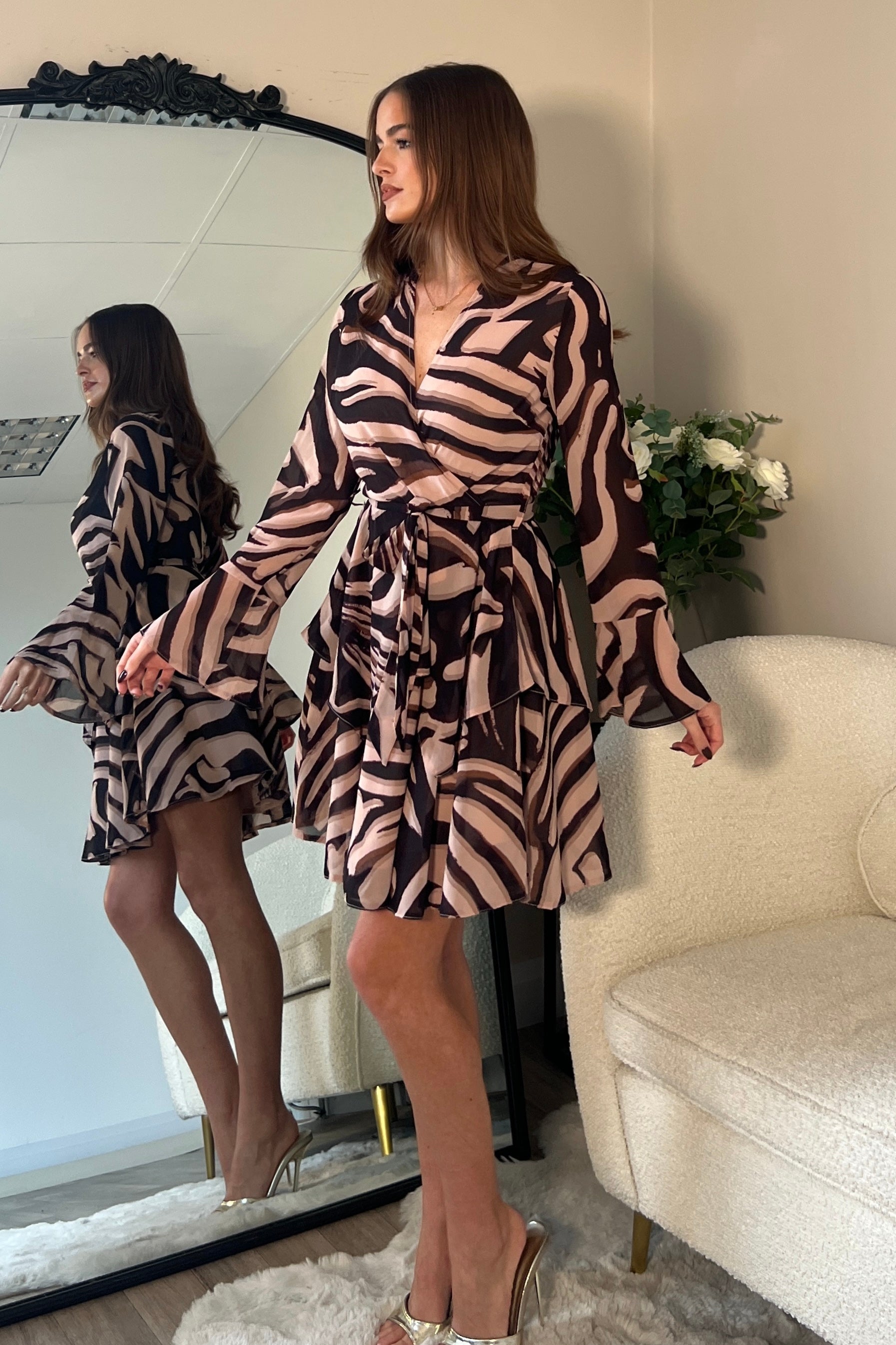 Susie Tiered Skirt Flared Sleeve Mini Dress Brown Zebra