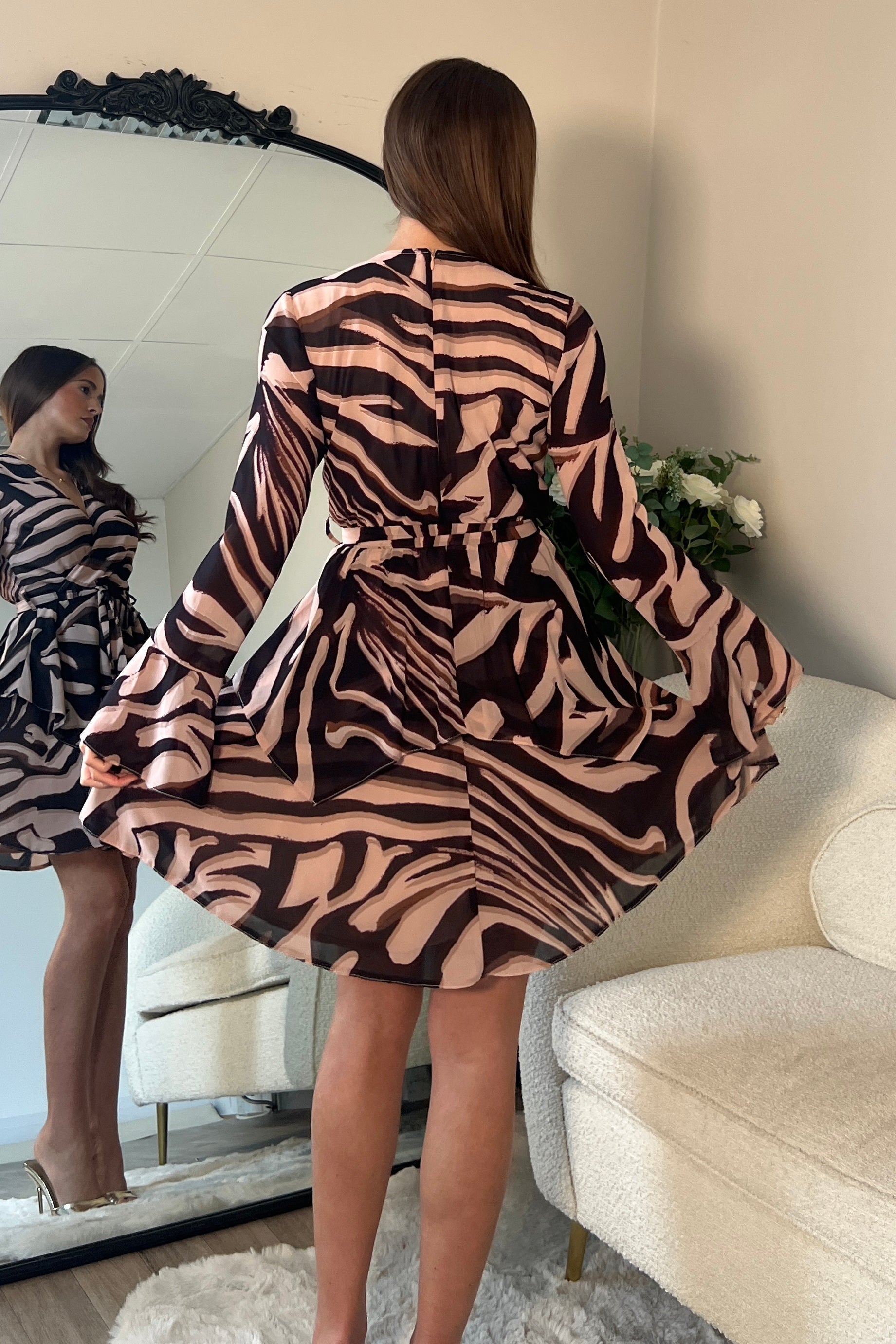 Susie Tiered Skirt Flared Sleeve Mini Dress Brown Zebra