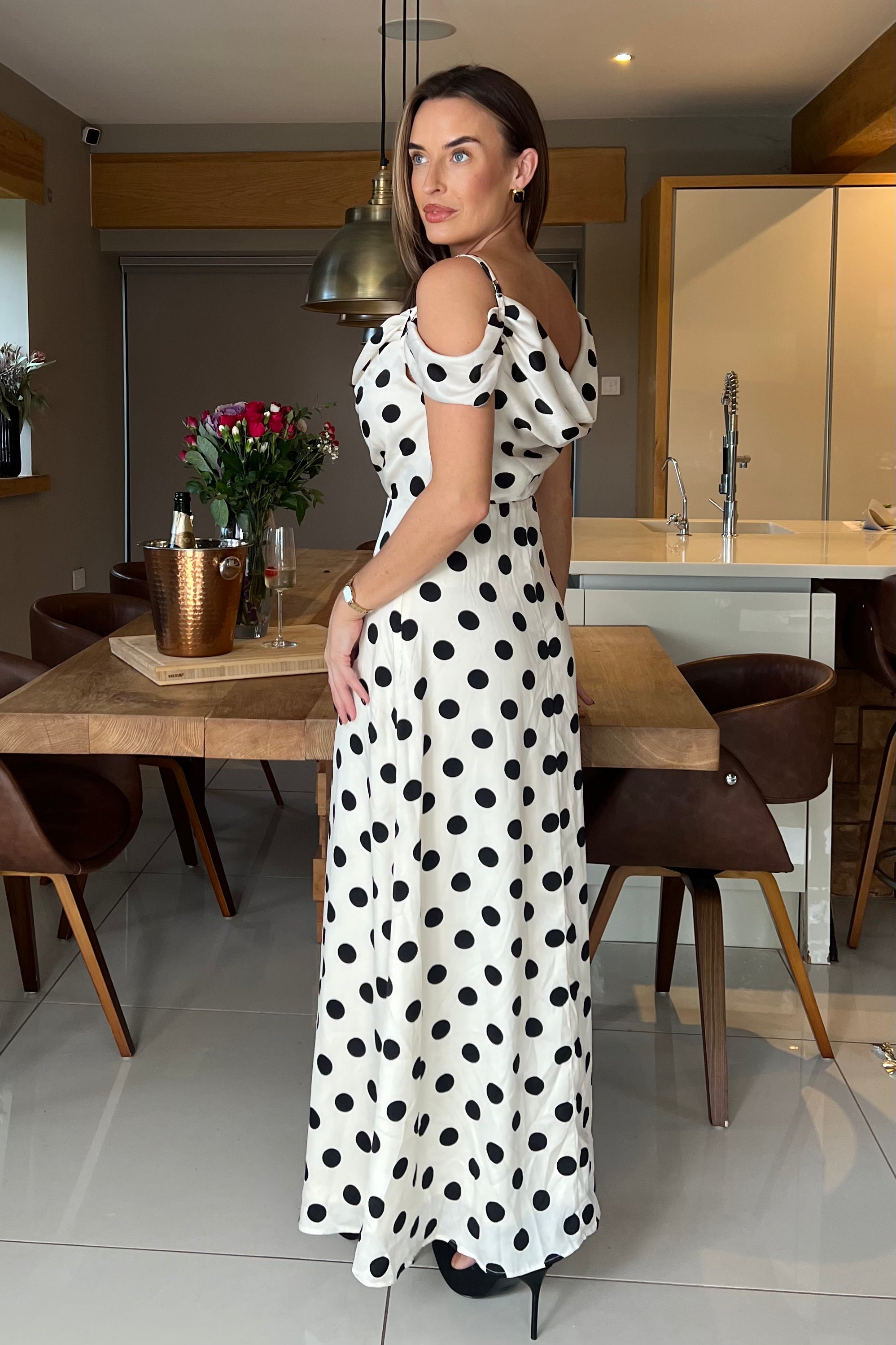 Julie Cowl Neck Maxi Dress White Spot