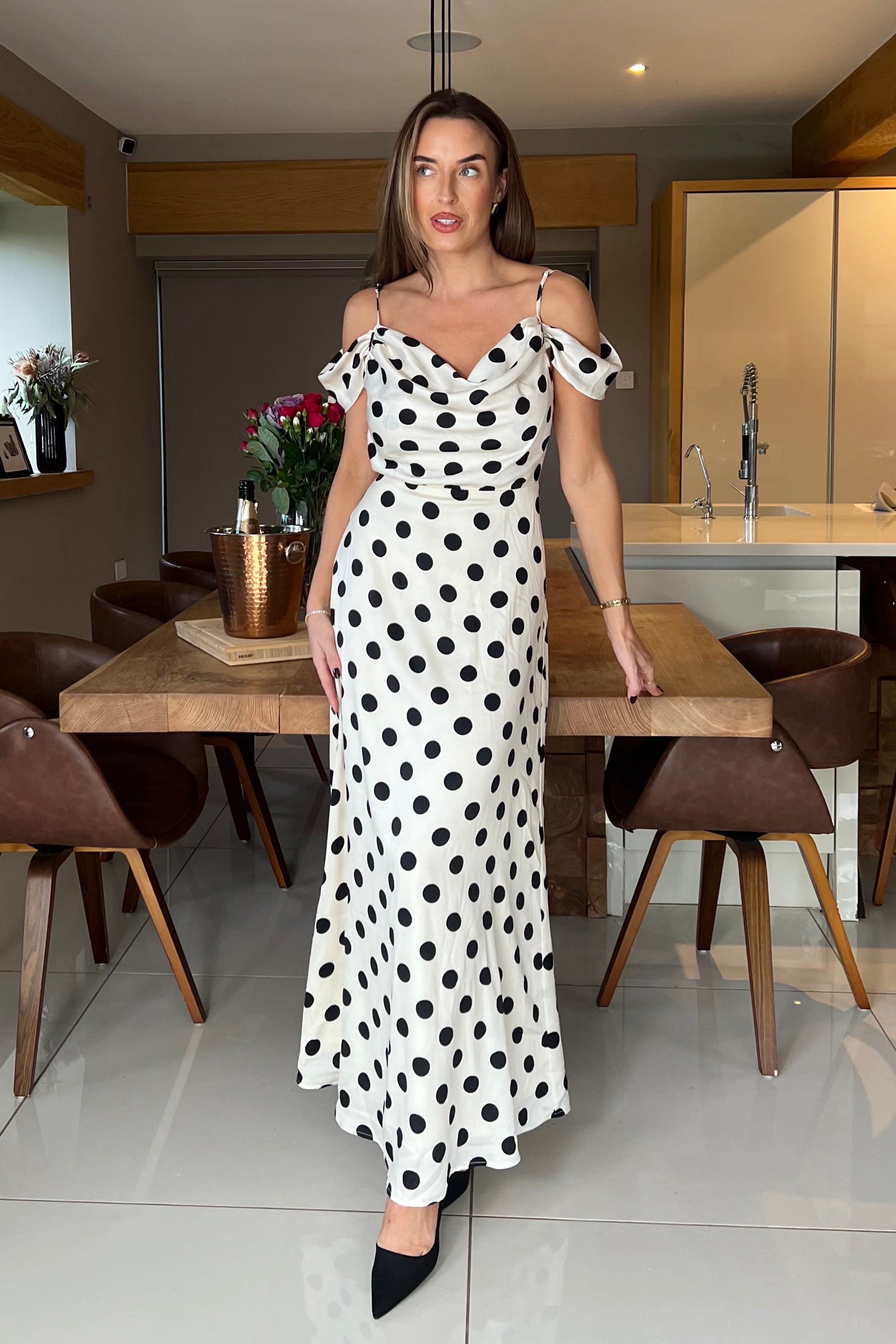 Julie Cowl Neck Maxi Dress White Spot