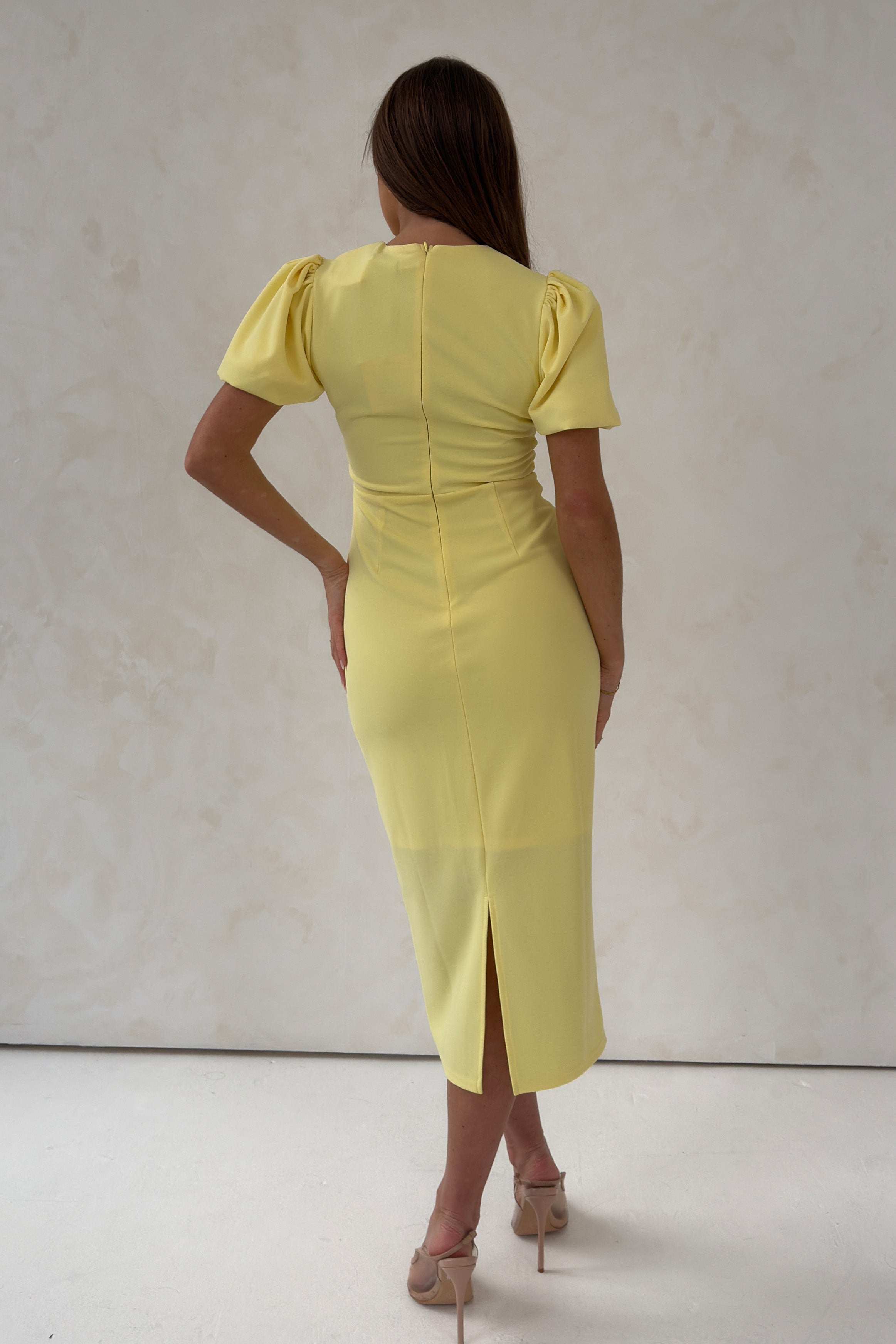Sue Puff Sleeve Round Neck Midi Dress Yellow