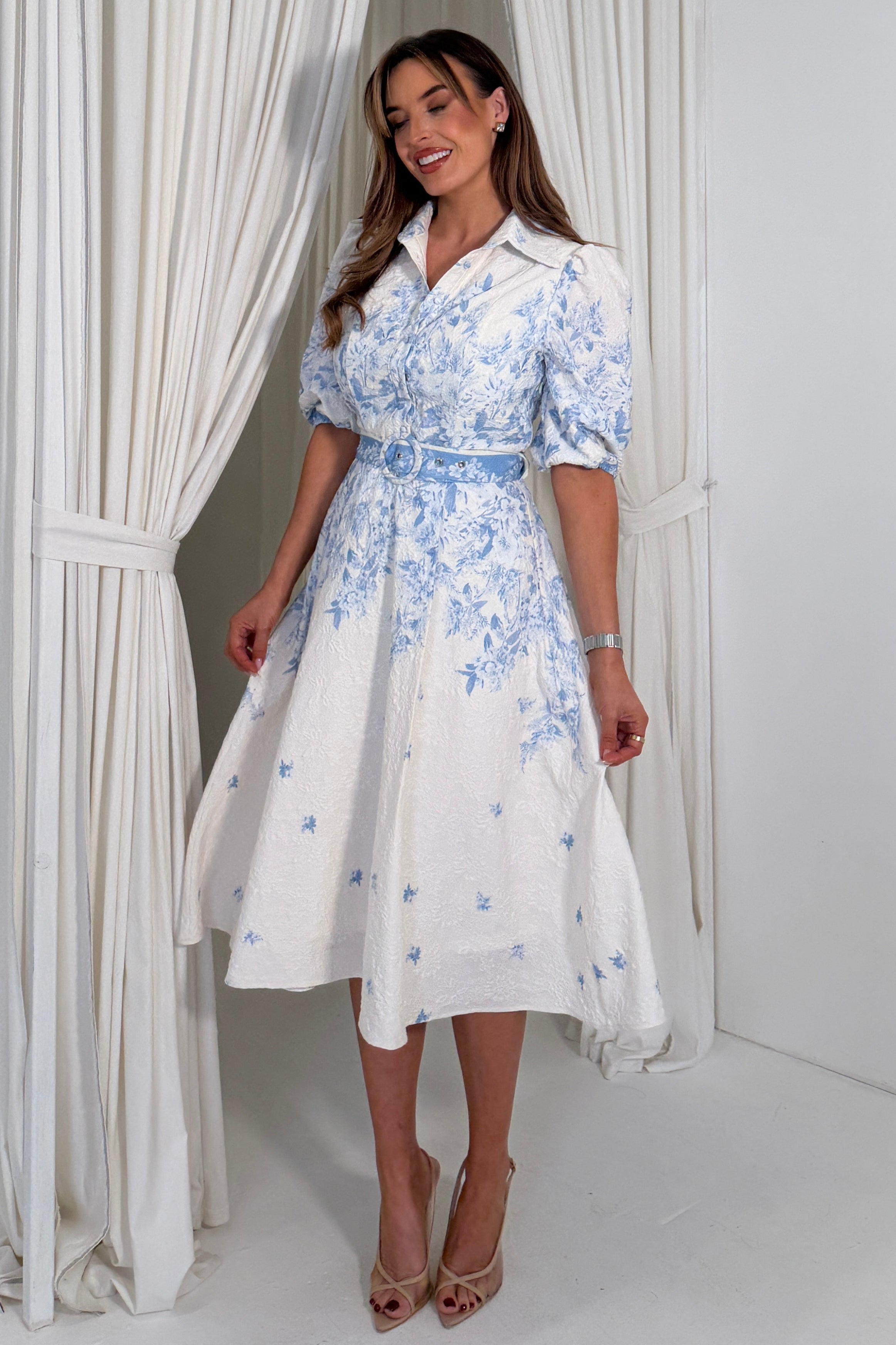 Holland Floral Border Print Midi Dress Blue