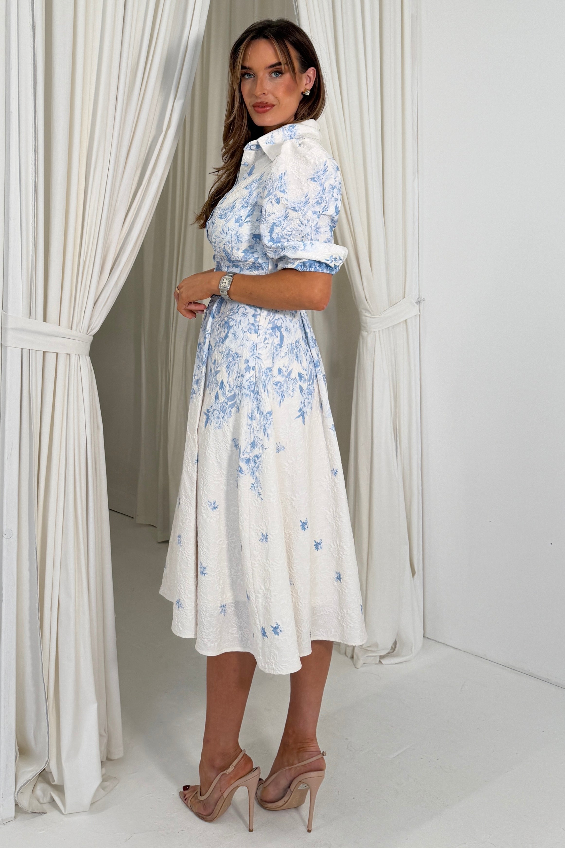 Holland Floral Border Print Midi Dress Blue