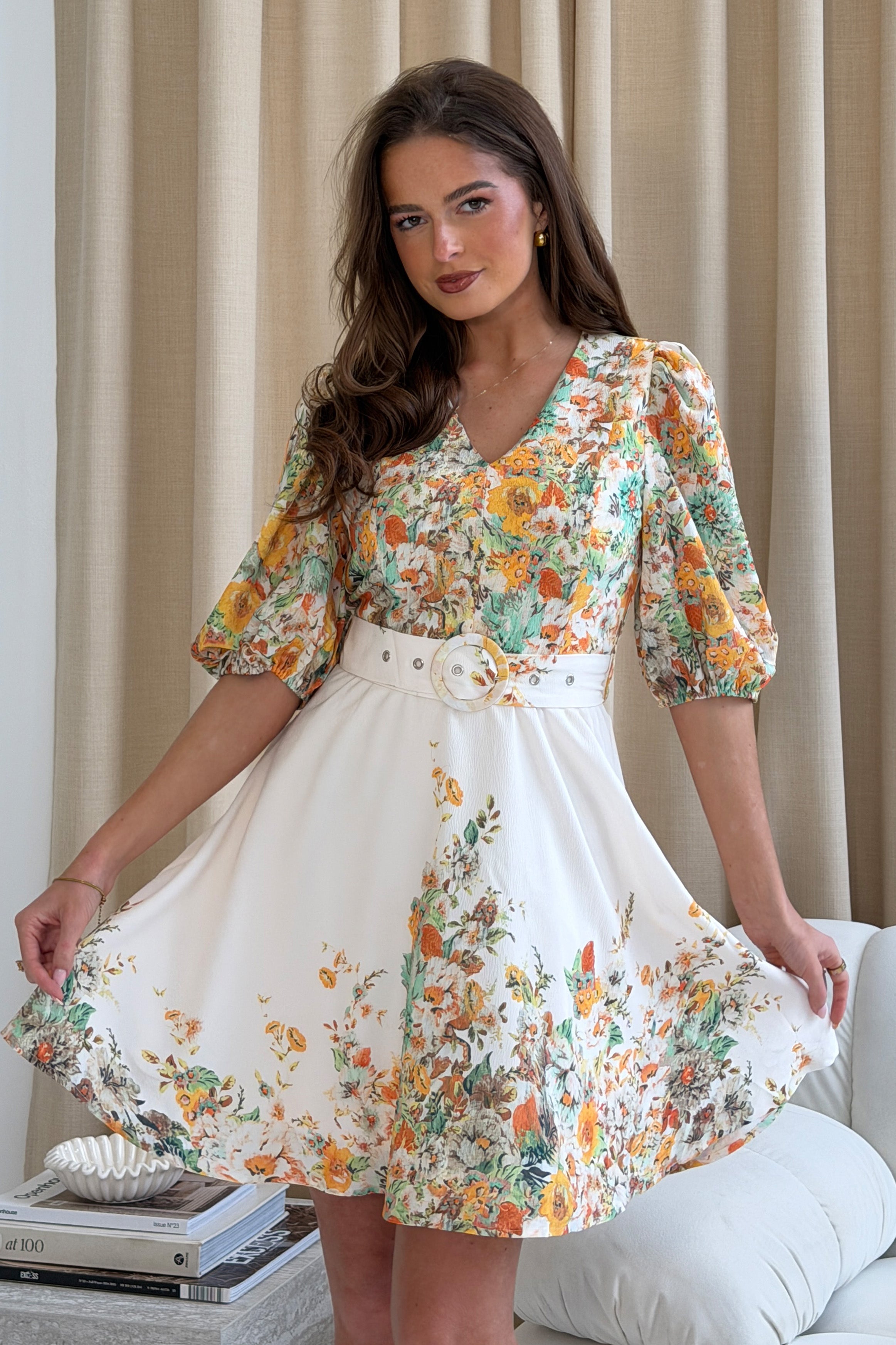 Azelia Puff Sleeve V Neck Mini Dress Yellow Floral